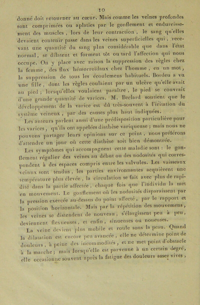 donné doit reioiivner au coeur. Mais comme les reines profondes sont comprimées ou aplaiies par le gonflement et endurcisse- ment des muscles , lors de leur contraction , le sang quelles devaient contenir passe dans les veines superficielles qui , rece- vant une quantité du sang plus considérable que dans l’état normal, se dilatent et forment tôt ou tard l’afTeciion qui nous occupe. On y place avec raison la suppression des règles chez la femme, des flux hémorroïdaux chez l’homme , en un mot, la suppression de tous les écoulcmens habituels. Bordeu a vu une fille, dont les règles coulaient par un ulcère quelle avait au pied ; lorsqu’elles voulaient paraître , le pied se couvrait d’une grande'quantité de varices. M. Beclard soutient que le développement de la varice est dù très-souvent à l’iruation du système veineux, par des causes plus haut indiquées. Les auteurs parlent aussi d’une prédisposition particulière pour les varices , qu’iis ont appelées diathèse variqueuse j mais nous ne pouvons partager leurs opinions sur ce point, nous préférons d’attendre un jour où cette diathèse soit bien démontrée. Les symptômes qui accompagnent cette maladie sont ; le gon- flement Végulier des veines au début ou des nodosités qui corres- pondent à des espaces compris entre les valvules. Les vaisseaux veinuxsont tendus, les parties environnantes acquièrent une température plus élevée, la circulation se fait avec plus de rapi- dité dans la partie afiTectée , cha([ue fois que l’individu la met en motivement. Le gonflement où les nodosités disparaissent par la pression exercée au-dessus du point alî’ecté , par le rapport et là position horizontale. Mais parla répétition des mouvemens , les veines se distendent de nouveau, s’élargissent peu à peu, deviennent flextienses, et enfin, sinueuses ou noueuses. La veine devient plus mobile et roule sous la peau. Q»'and la ililaia.iûn Kl encore peu avancée , elle ne délermine po.nl de Jouleui s, S. peine des incommodilés , el ne me. po.ni d ubs.acle i, In mnicl.ei m..is lois.|ir’elle esi pa.'.cnne h nn cecta.n ilesie, elle occasionne souvent après la faligne des douleurs asset vives ,