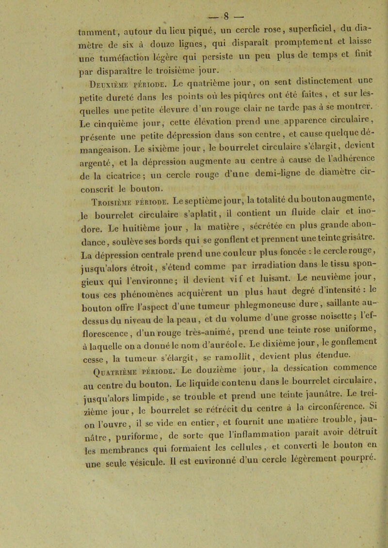 tamment, autour du lieu piqué, un cercle rose, superficiel, du dia- mètre de six à douze lignes, qui disparaît promptement et laisse une tuméfaction légère qui persiste un peu plus de temps et finit par disparaître le troisième jour. Deuxième période. Le quatrième jour, on sent distinctement une petite dureté dans les points où les piqûres ont été faites , et sur les- quelles une petite élevure d’un rouge clair ne larde pas à se montrer. Le cinquième jour, cette élévation prend une apparence circulaire, présente une petite dépression dans son centre, et cause quelque dé- mangeaison. Le sixième jour, le bourrelet circulaire s’élargit, devient argenté, et la dépression augmente au centre à cause de 1 adhérence de la cicatrice; un cercle rouge d’une demi-ligne de diamètre cii- conscrit le bouton. Troisième période. Le septième jour, la totalité du boutonaugmente, le bourrelet circulaire s’aplatit, il contient un fluide clair et iuo- dore. Le huitième jour , la matière , sécrétée en plus grande abon- dance, soulève ses bords qui se gonflent et prennent une teinte grisâtre. La dépression centrale prend une couleur plus foncée : le cercle rouge, jusqu’alors étroit, s’étend comme par irradiation dans le tissu spon- gieux qui l’environne; il devient vif et luisant. Le neuvième jour, tous ces phénomènes acquièrent un plus haut degré d’intensité : le bouton olire l’aspect d’une tumeur phlegmoneuse dure, saillante au- dessus du niveau de la peau, et du volume d’une grosse noisette; 1 ef- florescence, d’un rouge très-animé, prend une teinte rose uniforme, à laquelle on a donné le nom d’auréole. Le dixième jour, le gonflement cesse, la tumeur s’élargit, se ramollit, devient plus étendue. Quatrième période. Le douzième jour, la dessication commence au centre du bouton. Le liquide contenu dans le bourrelet circulaire , jusqu’alors limpide, se trouble et prend une teinte jaunâtre. Le trei- zième jour, le bourrelet se rétrécit du centre à la circonférence. Si on l’ouvre, il se vide en entier, et fournit une matière trouble, jau- nâtre, puriforme, de sorte que l’inflammation paraît avoir détruit les membranes qui formaient les cellules, et converti le bouton en une seule vésicule. 11 est environné d’un cercle légèrement pourpre.