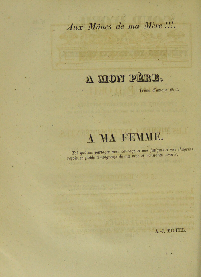 f Aux Mânes de ma Mère!!!- ü m©î3 ipîMbis^ Tribut d’amour filial. A Ml FEMME. Toi qui sus partager avec courage et mes fatigues cl mes chagrins reçois ce faible témoignage de ma vive et constante amitié. A.-J. MICHEL.