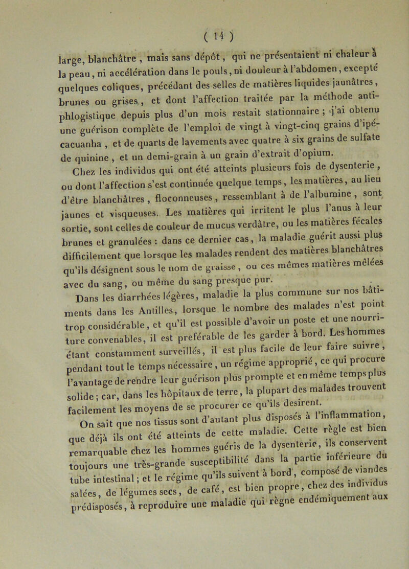 C ) large, blanchâtre , mais sans dépôt, qui ne présentaient ni chaleur \ la peau, ni accélération dans le pouls, ni douleur à l’abdomen, excepté quelques coliques, précédant des selles de matières liquides jaunâtres, brunes ou grises,, et dont l’affection traitée par la méthode anti- phlogistique depuis plus d’un mois restait stationnaire ; q ai obtenu une guérison complète de l’emploi de vingt à vingt-cinq grains d’ipé- cacuanha , et de quarts de lavements avec quatre à six grains de sulfate de quinine » et un demi-grain à un grain d’extrait d’opium. Chez les individus qui ont été atteints plusieurs fois de dysenterie , ou dont l’affection s’est continuée quelque temps, les matières, au heu d’èlre blanchâtres, floconneuses , ressemblant à de l’alhumme sont jaunes et visqueuses. Les matières qui irritent le plus l’anus à leur sortie, sont celles de couleur de mucus verdâtre, ou les matières feca es brunes et granulées : dans ce dernier cas, la maladie guérit aussi plus difficilement que lorsque les malades rendent des matières blanchâtres qu’ils désignent sous le nom de graisse , ou ces memes matières me ees avec du sang, ou même du sang presque pur. _ Dans les diarrhées légères, maladie la plus commune sur nos bâti- ments dans les Antilles, lorsque le nombre des malades n est poin trop considérable, et qu’il est possible d’avoir un poste et une nourri- ,„..Lo„vc„ables, il est preKeable de les garder à bord Les hommes e-,ant constamment surveillés, il est plus facile de leur faire suivre uendant tout le temps nécessaire, un régime approprié, ce qui procure Lalitage de rendre leur guérison plus prompte et enmeme tempsplus solide 1 car, dans les hôpilaus de terre, la plupart des malades troui facilement les moyens de se procurer ce qu’ils désirent. On sait que nos tissus sont d’autant pins dlspose’s à l’.nBammat.on, qu?déii iU ont été atteint de cette maladie. Cette réglé es. bien llrquable che. les hommes gnéris de la dysenterie, ils conservent touiours une très-grande susceptibUlté dans la partie tube intestinal telle régime qu’ils suivent à bord, compo é d > mi d salées, de légumes secs, de café, est bien propre, ciea des mdmd prédisposés, à reproduire une maladie qui règne endcm.quement