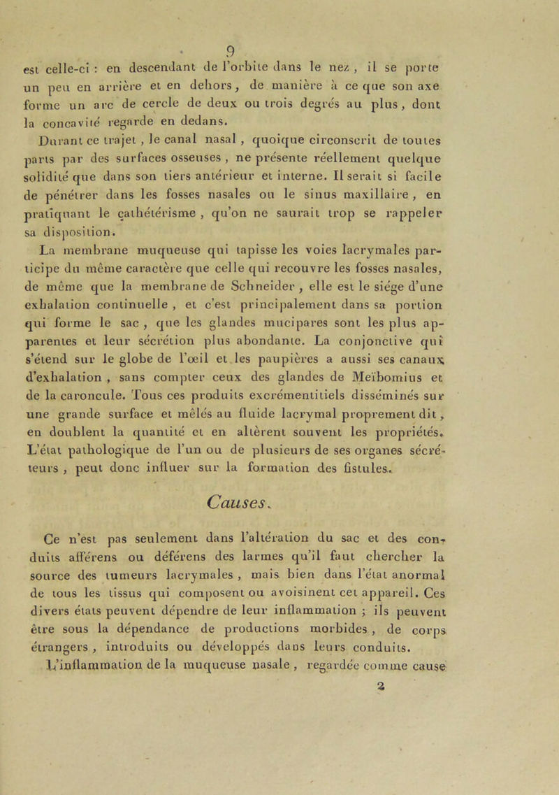 esi celle-ci : en descendant de l’orbiie dans le nez , il se porte un peu en arrière et en dehors, de manière à ce que son axe forme un arc de cercle de deux ou trois degrés au plus, dont la concaviie' regarde en dedans. Durant ce trajet , le canal nasal , quoique circonscrit de toutes paris par des surfaces osseuses , ne présente réellement quelque solidité que dans son tiers antérieur et interne. Userait si facile de pénétrer dans les fosses nasales ou le sinus maxillaire, en pratiquant le cathétérisme , qu’on ne saurait trop se rappeler sa disposition. La metnhrane muqueuse qui tapisse les voies lacrymales par- ticipe du même caractère que celle qui recouvre les fosses nasales, de même que la membrane de Schneider , elle est le siège d’une exhalation continuelle , et c’est principalement dans sa portion qui forme le sac , que les glandes mucipares sont les plus ap- parentes et leur sécrétion plus abondante. La conjonctive qui s’étend sur le globe de l’oeil et les paupières a aussi ses canaux d’exhalation , sans compter ceux des glandes de Meïbomius et de la caroncule. Tous ces produits excrémeniiiiels disséminés sur une grande surface et mêlés au fluide lacrymal proprement dit, en doublent la quantité et en allèrent souvent les propriétés» L’état pathologique de l’un ou de plusieurs de ses organes sécré- teurs , peut donc influer sur la formation des fistules. Causes. Ce n’est pas seulement dans l’altération du sac et des con- duits alférens ou déférens des larmes qu’il faut chercher la source des tumeurs lacrymales , mais bien dans l’état anormal de tous les tissus qui composent ou avoisinent cet appareil. Ces divers états peuvent dépendre de leur inflammation j ils peuvent être sous la dépendance de productions morbides , de corps étrangers , introduits ou développés dans leurs conduits. L’inflammation de la muqueuse nasale , regardée comme cause %