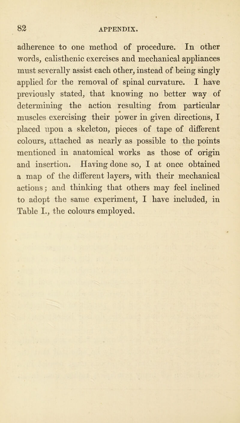 adherence to one method of procedure. In other words, calisthenic exercises and mechanical appliances must severally assist each other, instead of being singly applied for the removal of spinal curvature. I have previously stated, that knowing no better way of determining the action resulting from particular • muscles exercising their power in given directions, I placed upon a skeleton, pieces of tape of different colours, attached as nearly as possible to the points mentioned in anatomical works as those of origin and insertion. Having done so, I at once obtained a map of the different layers, with their mechanical actions; and thinking that others may feel inclined to adopt the same experiment, I have included, in Table I., the colours employed.