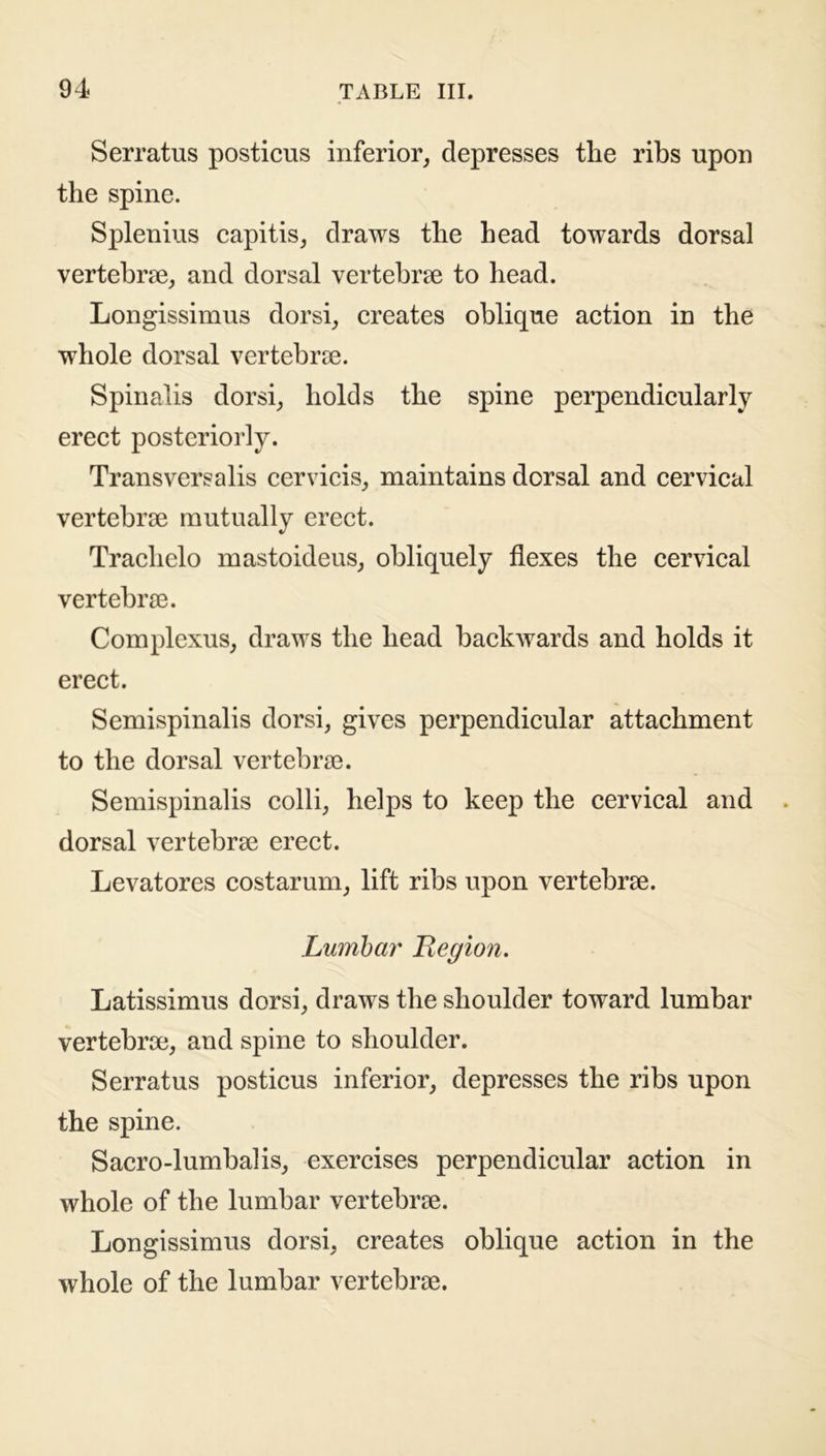 Serratus posticus inferior, depresses the ribs upon the spine. Splenius capitis, draws the head towards dorsal vertebrae, and dorsal vertebrae to head. Longissimus dorsi, creates oblique action in the whole dorsal vertebrae. Spinalis dorsi, holds the spine perpendicularly erect posteriorly. Transversalis cervicis, maintains dorsal and cervical vertebrae mutually erect. Trachelo mastoideus, obliquely flexes the cervical vertebrae. Com plexus, draws the head backwards and holds it erect. Semispinalis dorsi, gives perpendicular attachment to the dorsal vertebrae. Semispinalis colli, helps to keep the cervical and dorsal vertebrae erect. Levatores costarum, lift ribs upon vertebrae. Lumbar Legion. Latissimus dorsi, draws the shoulder toward lumbar vertebrae, and spine to shoulder. Serratus posticus inferior, depresses the ribs upon the spine. Sacro-lumbalis, exercises perpendicular action in whole of the lumbar vertebrae. Longissimus dorsi, creates oblique action in the whole of the lumbar vertebrae.