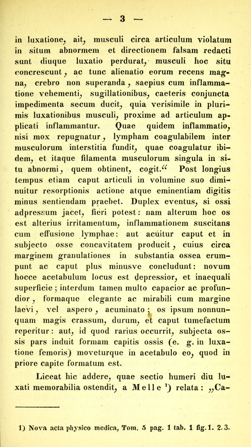 in luxatione^ ait^ musculi circa articulum violatum in situm abnormem et directionem falsam redacti sunt diuque luxatio perdurat^ musculi hoc situ concrescunt ^ ac tunc alienatio eorum recens mag*- na^ crebro non superanda ^ saepius cum inflamma- tione vehementi^ sugillationibus^ caeteris conjuncta impedimenta secum ducit^ quia verisimile in pluri- mis luxationibus musculi^ proxime ad articulum ap- plicati inflammantur. Quae quidem inflammatio^ nisi mox repugnatur y lympham coagulabilem inter musculorum interstitia fundit^ quae coagulatur ibi- dem^ et itaque filamenta musculorum singula in si- tu abnormi^ quem obtinent^ cogit.Post longius tempus etiam caput articuli in volumine suo dimi- nuitur resorptionis actione atque eminentiam digitis minus sentiendam praebet. Duplex eventus^ si ossi adpressum jacet^ fieri potest: nam alterum hoc os , est alterius irritamentum^ inflammationem suscitans cum effusione lymphae: aut acuitur caput et in subjecto osse concavitatem producit y cuius circa marginem granulationes in substantia ossea erum- punt ac caput plus minusve concludunt: novum hocce acetabulum locus est depressior^ et inaequali superficie 5 interdum tamen multo capacior ac profun- dior y formaque elegante ac mirabili cum margine laevi ^ vel aspero y acuminato ; os ipsum nonnun- quam magis crassum^ durum^ et caput tumefactum reperitur: aut^ id quod rarius occurrit^ subjecta os- sis pars induit formam capitis ossis (e. g. in luxa- tione femoris) moveturque in acetabulo eo^ quod in priore capite formatum est. Liceat hic addere^ quae sectio humeri diu lu- xati memorabilia ostendit^ a Meile ^) relata: ;;Ca- 1) Nova acta physico medica, Tom. 5 pag. 1 tab. 1 fig. 1. 2.3.