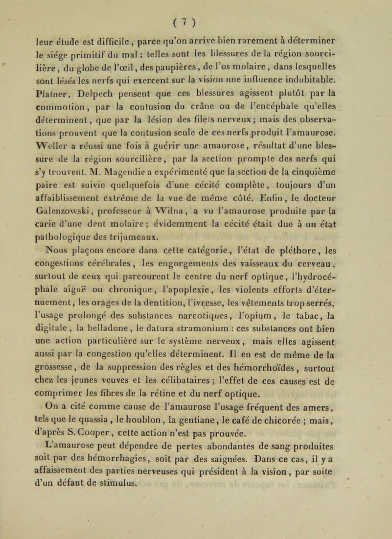 leur ctude est difficile, parce qu’on arrive bien rarement à déterminer le siège primitif du mal : telles sont les blessures de la région sourci- lière , du globe de l’œil, des paupières, de l’os molaire, dans lesquelles sont lésés les nerfs qui exercent sur la vision une influence indubitable. Plâtrier, Delpech pensent que ces blessures agissent plutôt par la commotion, par la contusion du crâne ou de l’encéphale qu’elles déterminent, que par la lésion des filets nerveux; mais des observa- tions prouvent que la contusion seule de ces nerfs produit l’amaurose. Weller a réussi une fois à guérir une amaurose, résultat d’une bles- sure de la région sourcilière, par la section prompte des nerfs qui s’y trouvent. M. Magendie a expérimenté que la section de la cinquième paire est suivie quelquefois d’une cécité complète, toujours d’un affaiblissement extrême de la vue de même côté. Enfin, le docteur Galenzowski, professeur à Wilna, a vu l’amaurose produite par la carie d’une dent molaire ; évidemment la cécité était due à un état palhologiquc des trijumeaux. Nous plaçons encore dans cette catégorie, l’état de pléthore, les congestions cérébrales, les engorgements des vaisseaux du cerveau, surtout de ceux qui parcourent le centre du nerf optique, l’hydrocé- phale aiguë ou chronique, l’apoplexie, les violents efforts d’éter- nuement, les orages de la dentition, l’ivresse, les vêlements trop serrés, l’usage prolongé des substances narcotiques, l’opium, le tabac, la digitale , la belladone, le datura stramonium : ces substances ont bien une action particulière sur le système nerveux, mais elles agissent aussi par la congestion qu’elles déterminent. Il en est de même de la grossesse, de la suppression des règles et des hémorrhoïdes, surtout chez les jeunes veuves et les célibataires ; l’effet de ces causes est de comprimer les fibres de la rétine et du nerf optique. On a cité comme cause de l’amaurose l’usage fréquent des amers, tels que le quassia , le houblon , la gentiane, le café de chicorée ; mais, d apres S. Cooper, cette action n’est pas prouvée. L’amaurose peut dépendre de pertes abondantes de sang produites soit par des hémorrhagies, soit par des saignées. Dans ce cas, il y a affaissement des parties nerveuses qui président à la vision , par suite d’un défaut de stimulus.
