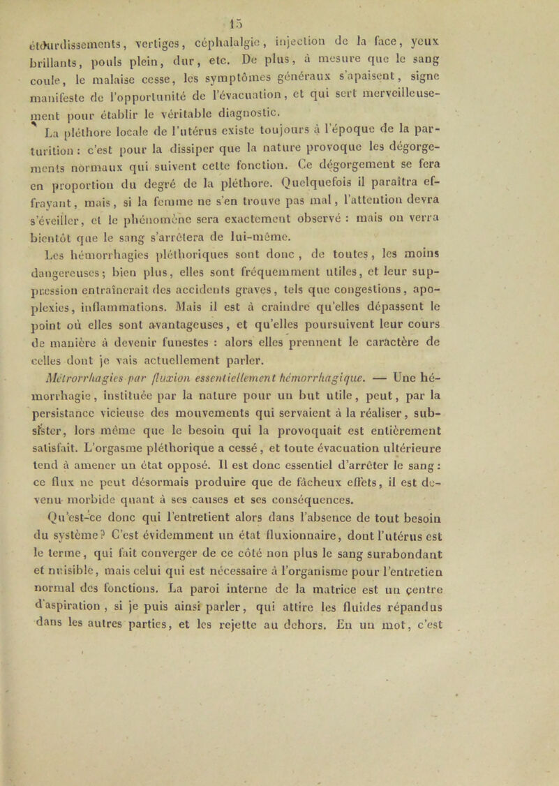 ct(>iirtnsseincnts, vertiges, céphalalgie, iiijeclion de la face, yeux brillanls, pouls plein, dur, etc. De plus, à mesure que le sang coule, le malaise cesse, les symptômes généraux s’apaisent, signe manifeste de l’opportunité de l’évacuation, et qui seit merveilleuse- ment pour établir le véritable diagnostic. ' La pléthore locale de l’utérus existe toujours à l’époque de la par- turition : c’est pour la dissiper que la nature provoque les dégorge- ments normaux qui suivent cette fonction. Ce dégorgement se fera en proportion du degré de la pléthore. Quelquefois il paraîtra ef- frayant, mais, si la femme ne s’en trouve pas mal, l’attention devra s’éveiller, et le phénomène sera exactement observé : mais ou verra bientôt que le sang s’arrêtera de lui-même. Les hémorrhagies pléthoriques sont donc, de toutes, les moins dangereuses; bien plus, elles sont fréquemment utiles, et leur sup- pression entraînerait des accidents graves, tels que congestions, apo- plexies, inflammations. Mais il est à craindre qu’elles dépassent le point où elles sont avantageuses, et qu’elles poursuivent leur cours de manière à devenir funestes : alors elles prennent le caractère de celles dont je vais aetuellement parler. Mélrorrliagies par fluxion essentiellement hémorrhagique. — Une hé- morrhagie, instituée par la nature pour un but utile, peut, par la persistance vicieuse des mouvements qui servaient à la réaliser, sub- sfstcr, lors même que le besoin qui la provoquait est entièrement satisfait. L’orgasme pléthorique a cessé, et toute évacuation ultérieure tend à amener un état opposé. 11 est donc essentiel d’arrêter le sang : ce flux ne peut désormais produire que de fâcheux efl’ets, il est de- venu- morbide quant à ses causes et ses conséquences. Qu’est-ce donc qui l’entretient alors dans l’abserrce de tout besoin du système? C’est évidemment un état fluxionnaire, dont l’utérus est le terme, qui fait converger de ce côté non plus le sang surabondant et nuisible, mais celui qui est nécessaire à l’organisme pour l’entretien normal des fonctions. La paroi interne de la matrice est un çentre d’aspiration, si je puis ainsi parler, qui attire les fluides répandus dans les autres parties, et les rejette au dehors. Eu un mot, c’est