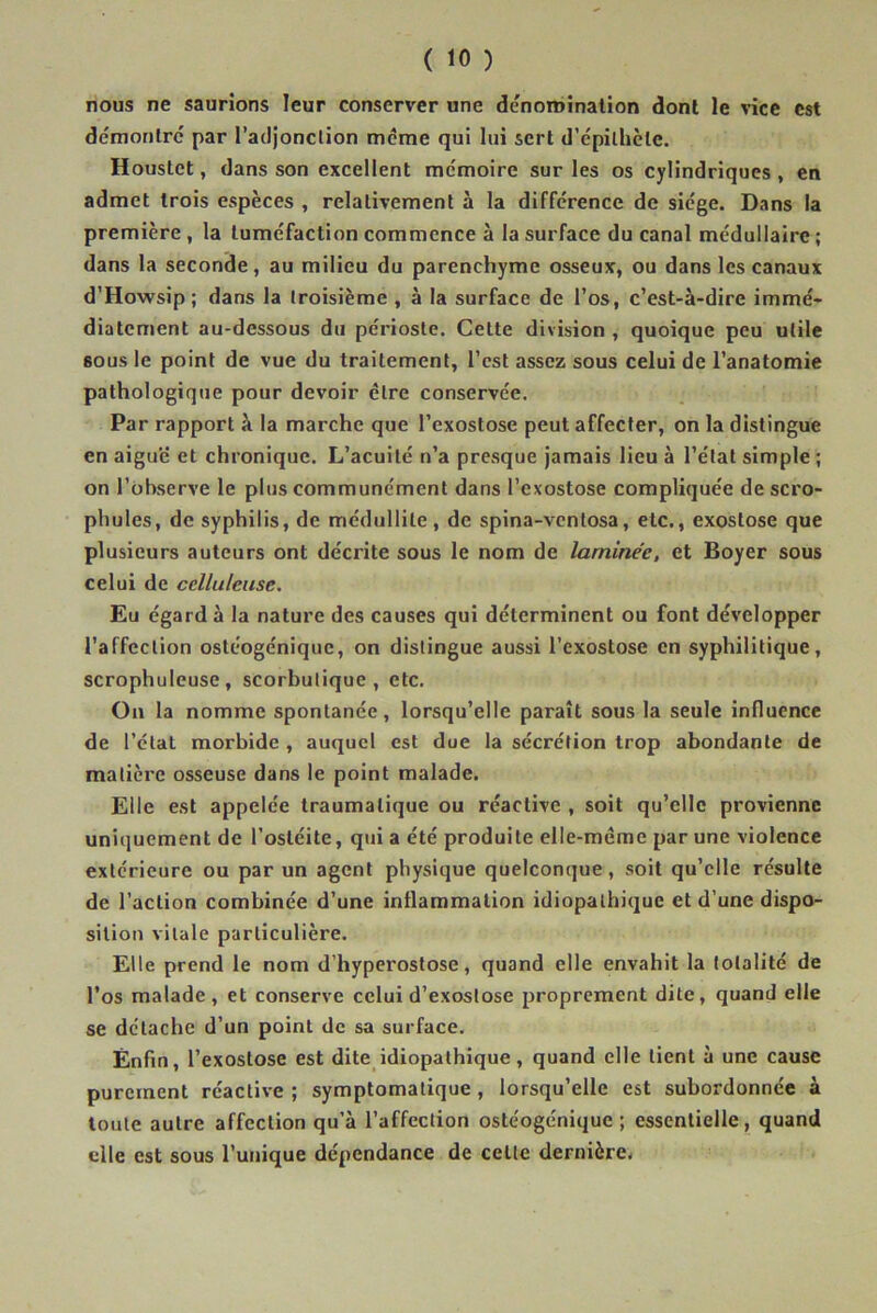 nous ne saurions leur conserver une dénomination dont le vice est démontré par l’adjonction même qui lui sert d’épithète. Houstct, dans son excellent mémoire sur les os cylindriques, en admet trois espèces , relativement à la différence de siège. Dans la première , la tuméfaction commence à la surface du canal médullaire ; dans la seconde, au milieu du parenchyme osseux, ou dans les canaux d’Howsip ; dans la troisième , à la surface de l’os, c’est-à-dire immé- diatement au-dessous du périoste. Cette division , quoique peu utile sous le point de vue du traitement, l’est assez sous celui de l’anatomie pathologique pour devoir être conservée. Par rapport à la marche que l’exostose peut affecter, on la distingue en aiguë et chronique. L’acuité n’a presque jamais lieu à l’état simple ; on l'observe le plus communément dans l’exostose compliquée de scro- phules, de syphilis, de médullile, de spina-ventosa, etc., exostose que plusieurs auteurs ont décrite sous le nom de larninéc, et Boyer sous celui de celluleuse. Eu égard à la nature des causes qui déterminent ou font développer l’affection ostéogénique, on distingue aussi l’exostose en syphilitique, scrophuleuse, scorbutique, etc. On la nomme spontanée, lorsqu’elle paraît sous la seule influence de l’état morbide , auquel est due la sécrétion trop abondante de matière osseuse dans le point malade. Elle est appelée traumatique ou réactive , soit qu’elle provienne uniquement de l’ostéite, qui a été produite elle-même par une violence extérieure ou par un agent physique quelconque, soit qu’elle résulte de l’action combinée d’une inflammation idiopathique et d’une dispo- sition vitale particulière. Elle prend le nom d’hyperostose, quand elle envahit la totalité de l’os malade, et conserve celui d’exostose proprement dite, quand elle se détache d’un point de sa surface. Enfin, l’exostose est dite idiopathique, quand elle tient à une cause purement réactive ; symptomatique , lorsqu’elle est subordonnée à toute autre affection qu’à l’affection ostéogénique; essentielle, quand elle est sous l’unique dépendance de celle dernière.
