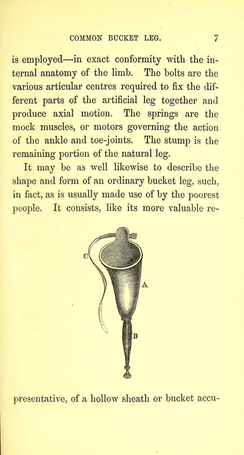 is employed—in exact conformity with the in- ternal anatomy of the limb. The bolts are the various articular centres required to fix the dif- ferent parts of the artificial leg together and produce axial motion. The springs are the mock muscles, or motors governing the action of the ankle and toe-joints. The stump is the remaining portion of the natural leg. It may be as well likewise to describe the shape and form of an ordinary bucket leg, such, in fact, as is usually made use of by the poorest people. It consists, like its more valuable re- presentative, of a hollow sheath or bucket accu