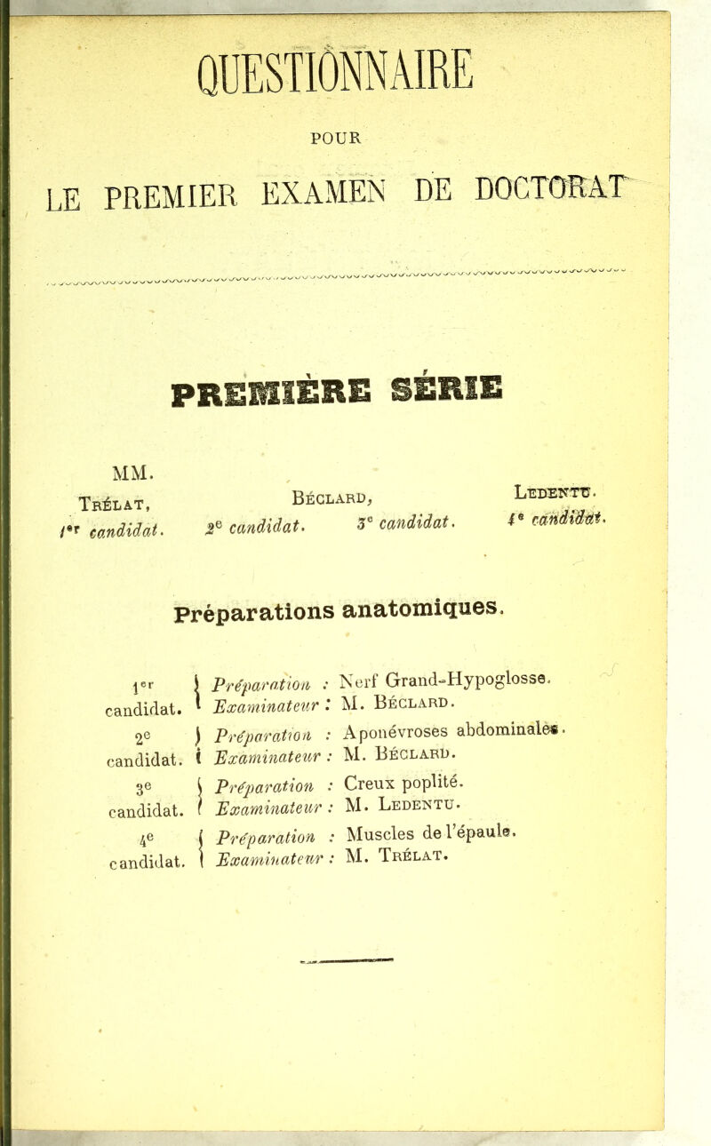 ÜUEStlÔNNÂIRE POUR LE PREMIER EXAMEN DE DOGTORAr PREMlÈBi: SÉRIE MM. Trélat, candidat. Béglard, candidat. candidat. Lebeîîtü. i® càndtdUi. Préparations anatomiques. |er î candidat. ^ 2® ) * candidat, t 3® j candidat. I '' 1 candidat. ! Préparation : Neri Grand-Hypoglosse. Pœaminateur l M. Béclard. Préparation .* Aponévroses abdominalès• Examinateur : M. Béclard. Préparation .* Creux poplité. Examinateur : M. Ledentu. Préparation : Muscles de 1 épaule.