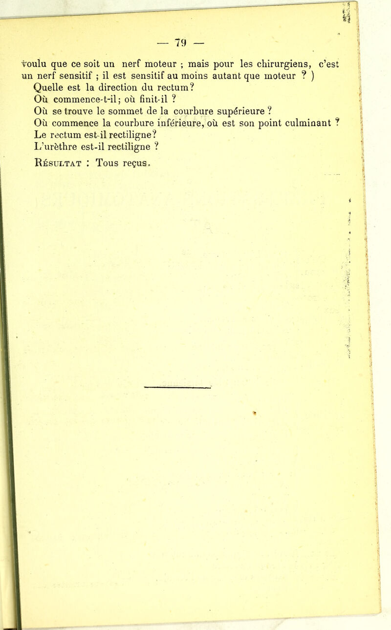 toulu que ce soit un nerf moteur ; mais pour les chirurgiens, c’est un nerf sensitif ; il est sensitif au moins autant que moteur ? ) Quelle est la direction du rectum? Où commence-t-il; où finit-il ? Où se trouve le sommet de la courbure supérieure ? Où commence la courbure inférieure, où est son point culminant ? Le rectum est il rectiligne? L’urètbre est-il rectiligne ?