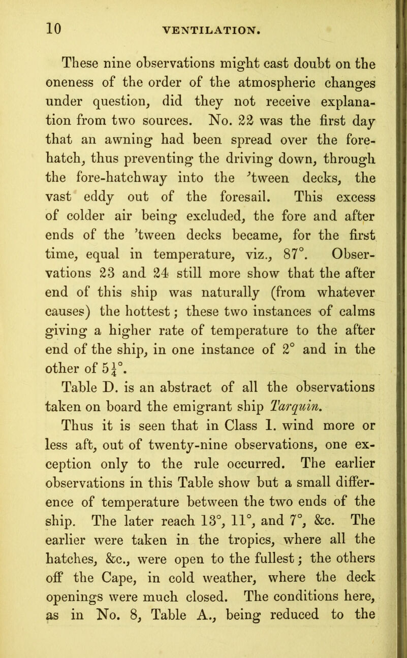 These nine observations might cast doubt on the oneness of the order of the atmospheric changes under question^ did they not receive explana- tion from two sources. No. 23 was the first day that an awning had been spread over the fore- hatch^ thus preventing the driving down, through the fore-hatchway into the ’tween decks, the vast eddy out of the foresail. This excess of colder air being excluded, the fore and after ends of the ’tween decks became, for the first time, equal in temperature, viz., 87^. Obser- vations 23 and 24 still more show that the after end of this ship was naturally (from whatever causes) the hottest; these two instances of calms giving a higher rate of temperature to the after end of the ship, in one instance of 2^ and in the other of 5 5°. Table D. is an abstract of all the observations taken on board the emigrant ship Tarquin. Thus it is seen that in Class 1. wind more or less aft, out of twenty-nine observations, one ex- ception only to the rule occurred. The earlier observations in this Table show but a small differ- ence of temperature between the two ends of the ship. The later reach 13°, 11°, and 7°, &c. The earlier were taken in the tropics, where all the hatches, &c., were open to the fullest; the others off the Cape, in cold weather, where the deck openings were much closed. The conditions here, as in No. 8, Table A., being reduced to the