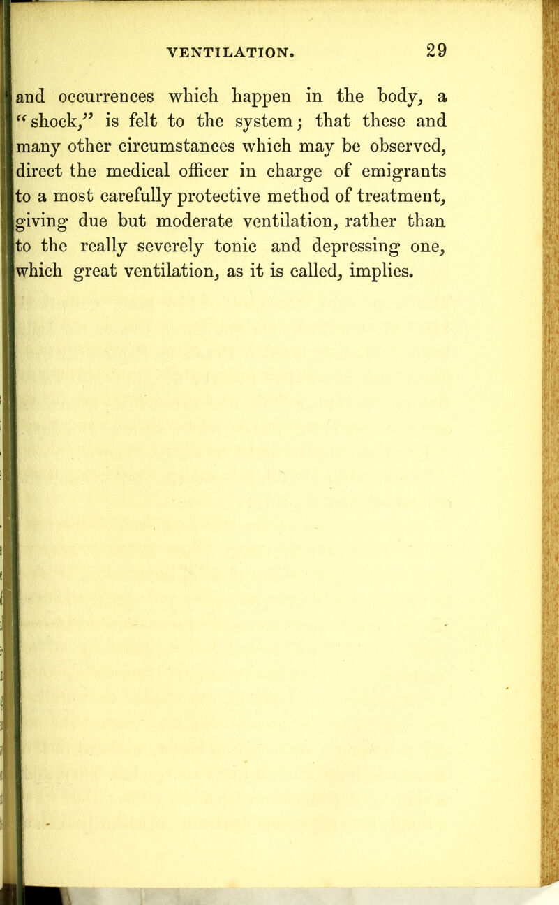 and occurrences which happen in the body_, a ‘^^shock/^ is felt to the system; that these and many other circumstances which may he observed, direct the medical officer in charge of emigrants to a most carefully protective method of treatment, giving due but moderate ventilation, rather than to the really severely tonic and depressing one, which great ventilation, as it is called, implies.