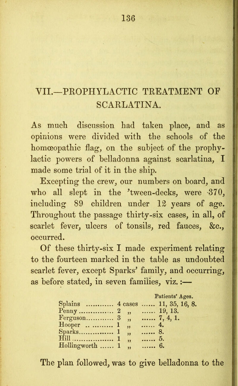 VII.—PROPHYLACTIC TREATMENT OP SCARLATINA. As much discussion had taken place^ and as opinions were divided with the schools of the homoeopathic flag^ on the subject of the prophy- lactic powers of belladonna against scarlatina, I made some trial of it in the ship. Excepting the crew, our numbers on board, and 3 who all slept in the ^tween-decks, were -370, j including 89 children under 12 years of age. | Throughout the passage thirty-six cases, in all, of j scarlet fever, ulcers of tonsils, red fauces, &c., j occurred. | Of these thirty-six I made experiment relating | to the fourteen marked in the table as undoubted i scarlet fever, except Sparks^ family, and occurring, , j as before stated, in seven families, viz.:— Patients* Ages. Splains .... 11, 35, 16, 8. Penny ... 2 „ .. .... 19, 13. Ferguson ... 3 „ .. 7 4 1 Hooper ... 1 „ ... .... 4. Sparks ... 1 „ ... .... 8. Hill ... 1 „ .. .... 5. Hollingworth ... ... 1 „ .. The plan followed, was to give belladonna to the