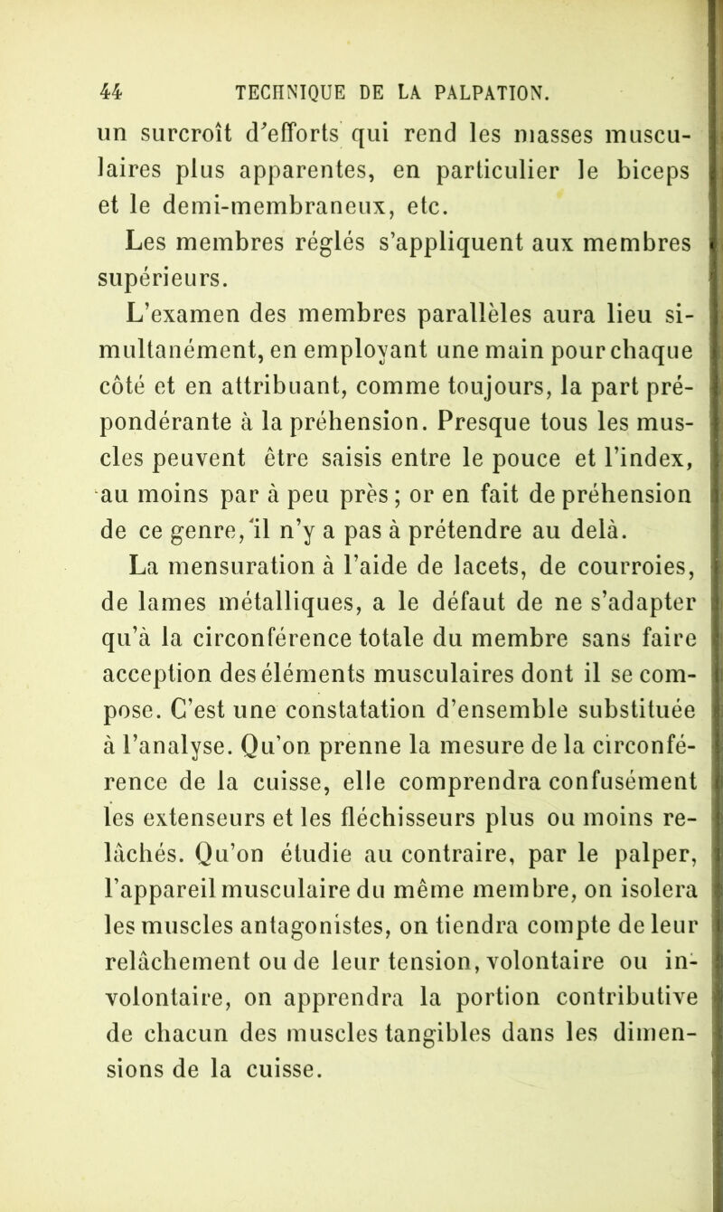 un surcroît d'efforts qui rend les niasses muscu- laires plus apparentes, en particulier le biceps et le demi-membraneux, etc. Les membres réglés s’appliquent aux membres supérieurs. L’examen des membres parallèles aura lieu si- multanément, en employant une main pour chaque côté et en attribuant, comme toujours, la part pré- pondérante à la préhension. Presque tous les mus- cles peuvent être saisis entre le pouce et l’index, au moins par à peu près ; or en fait de préhension de ce genre,'il n’y a pas à prétendre au delà. La mensuration à l’aide de lacets, de courroies, de lames métalliques, a le défaut de ne s’adapter qu’à la circonférence totale du membre sans faire acception des éléments musculaires dont il se com- pose. C’est une constatation d’ensemble substituée à l’analyse. Qu’on prenne la mesure de la circonfé- rence de la cuisse, elle comprendra confusément les extenseurs et les fléchisseurs plus ou moins re- lâchés. Qu’on étudie au contraire, par le palper, l’appareil musculaire du même membre, on isolera les muscles antagonistes, on tiendra compte de leur relâchement ou de leur tension, volontaire ou in- volontaire, on apprendra la portion contributive de chacun des muscles tangibles dans les dimen- sions de la cuisse.