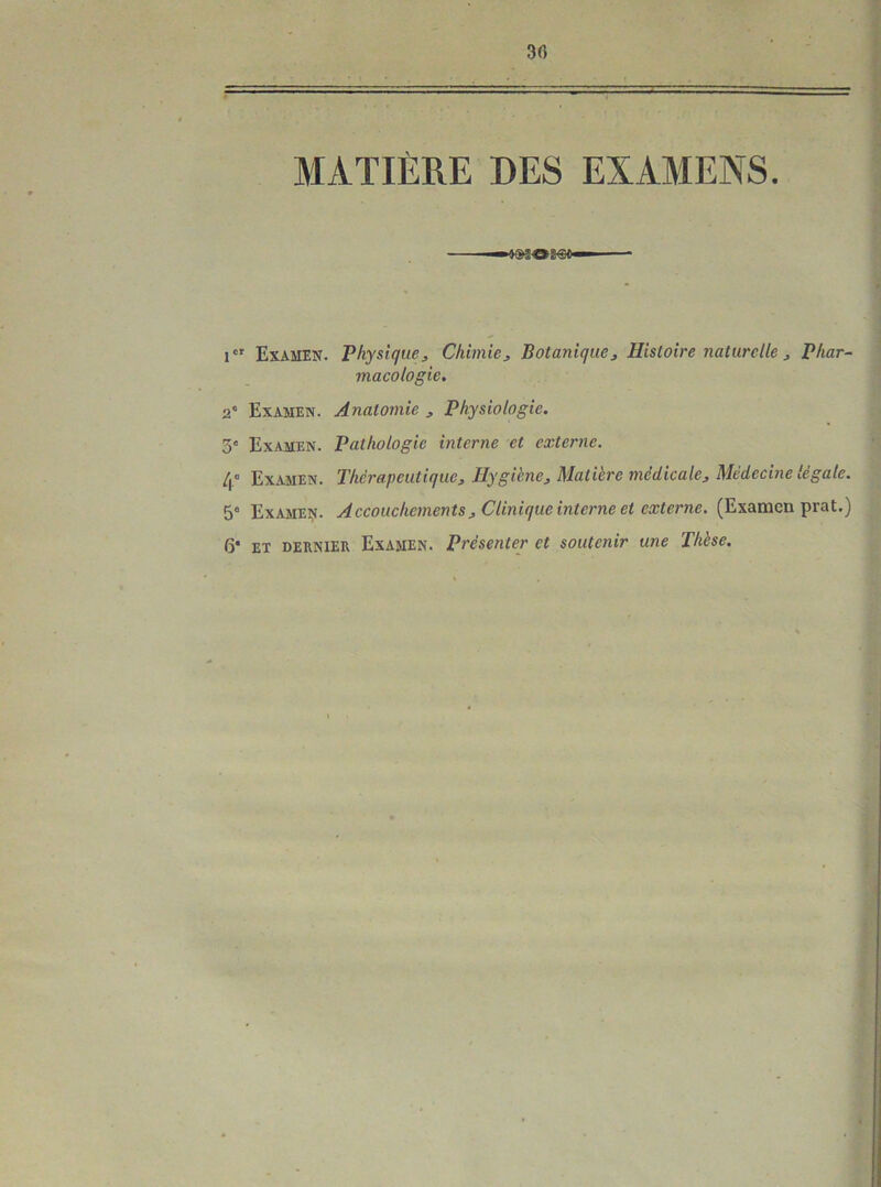 30 t ' ■  ' — MATIÈRE DES EXAMENS. i Examen. Thysique, Chimie, Botanique, Histoire naturelle, Phar- macologie. 2* Examen. Anatomie , Physiologie. 3‘ Examen. Pathologie interne et externe. 4° Examen. Thérapeutique, Hygiène, Matière médicale, Médechie légale. 5° Examen- Accouchements, Clinique intei-ne et externe. (Examen prat.) 6* ET dernier Examen. Présenter et soutenir une Thèse.