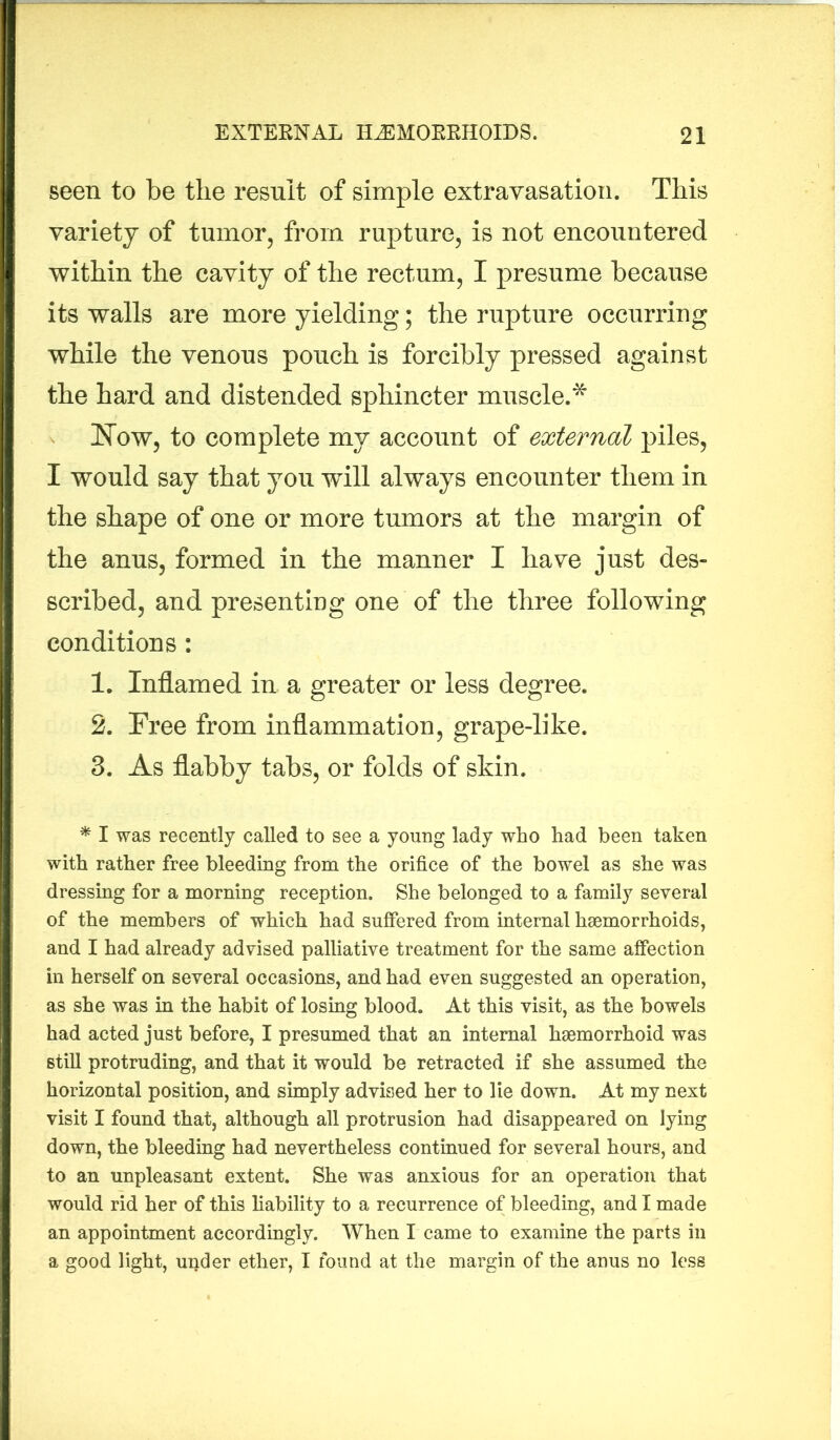 seen to be the result of simple extravasation. This variety of tumor, from rupture, is not encountered within the cavity of the rectum, I presume because its walls are more yielding; the rupture occurring while the venous pouch is forcibly pressed against the hard and distended sphincter muscle.* Now, to complete my account of external piles, I would say that you wull always encounter them in the shape of one or more tumors at the margin of the anus, formed in the manner I have just des- scribed, and presenting one of the three following conditions : 1. Inflamed in a greater or less degree. 2. Free from inflammation, grape-like. 3. As flabby tabs, or folds of skin. * I was recently called to see a young lady who had been taken with rather free bleeding from the orifice of the bowel as she was dressing for a morning reception. She belonged to a family several of the members of which had suffered from internal haemorrhoids, and I had already advised palliative treatment for the same affection in herself on several occasions, and had even suggested an operation, as she was in the habit of losing blood. At this visit, as the bowels had acted just before, I presumed that an internal haemorrhoid was still protruding, and that it would be retracted if she assumed the horizontal position, and simply advised her to lie down. At my next visit I found that, although all protrusion had disappeared on lying down, the bleeding had nevertheless continued for several hours, and to an unpleasant extent. She was anxious for an operation that would rid her of this liability to a recurrence of bleeding, and I made an appointment accordingly. When I came to examine the parts in a good light, under ether, I found at the margin of the anus no less