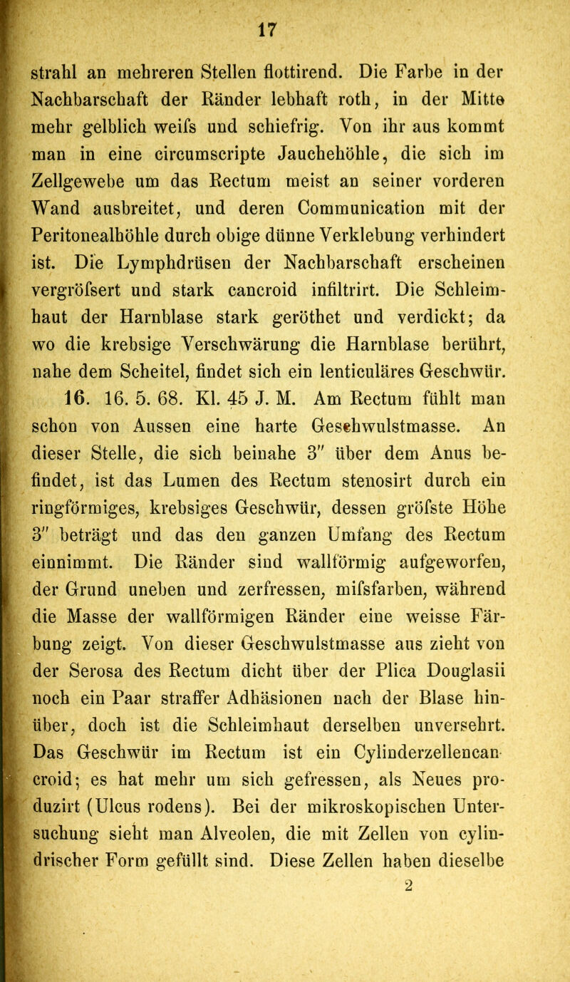 strahl an mehreren Stellen flottirend. Die Farbe in der Nachbarschaft der Ränder lebhaft rotli, in der Mitte mehr gelblich weifs und schiefrig. Von ihr aus kommt man in eine circumscripte Jauchehöhle, die sich im Zellgewebe um das Rectum meist an seiner vorderen Wand ausbreitet, und deren Communication mit der Peritonealhöhle durch obige dünne Verklebung verhindert ist. Die Lymphdrtisen der Nachbarschaft erscheinen vergröfsert und stark cancroid infiltrirt. Die Schleim- haut der Harnblase stark geröthet und verdickt; da wo die krebsige Verschwärung die Harnblase berührt, nahe dem Scheitel, findet sich ein lenticuläres Geschwür. 16. 16. 5. 68. Kl. 45 J. M. Am Rectum fühlt man schon von Aussen eine harte Geschwulstmasse. An dieser Stelle, die sich beinahe 3 über dem Anus be- findet, ist das Lumen des Rectum stenosirt durch ein ringförmiges, krebsiges Geschwür, dessen gröfste Höhe 3 beträgt und das den ganzen Umfang des Rectum einnimmt. Die Ränder sind wallförmig aufgeworfen, der Grund uneben und zerfressen, mifsfarben, während die Masse der wallförmigen Ränder eine weisse Fär- bung zeigt. Von dieser Geschwulstmasse aus zieht von der Serosa des Rectum dicht über der Plica Douglasii noch ein Paar straffer Adhäsionen nach der Blase hin- über, doch ist die Schleimhaut derselben unversehrt. Das Geschwür im Rectum ist ein Cylinderzellencan croid; es hat mehr um sich gefressen, als Neues pro- duzirt (Ulcus rodens). Bei der mikroskopischen Unter- suchung sieht man Alveolen, die mit Zellen von cylin- drischer Form gefüllt sind. Diese Zellen haben dieselbe 2