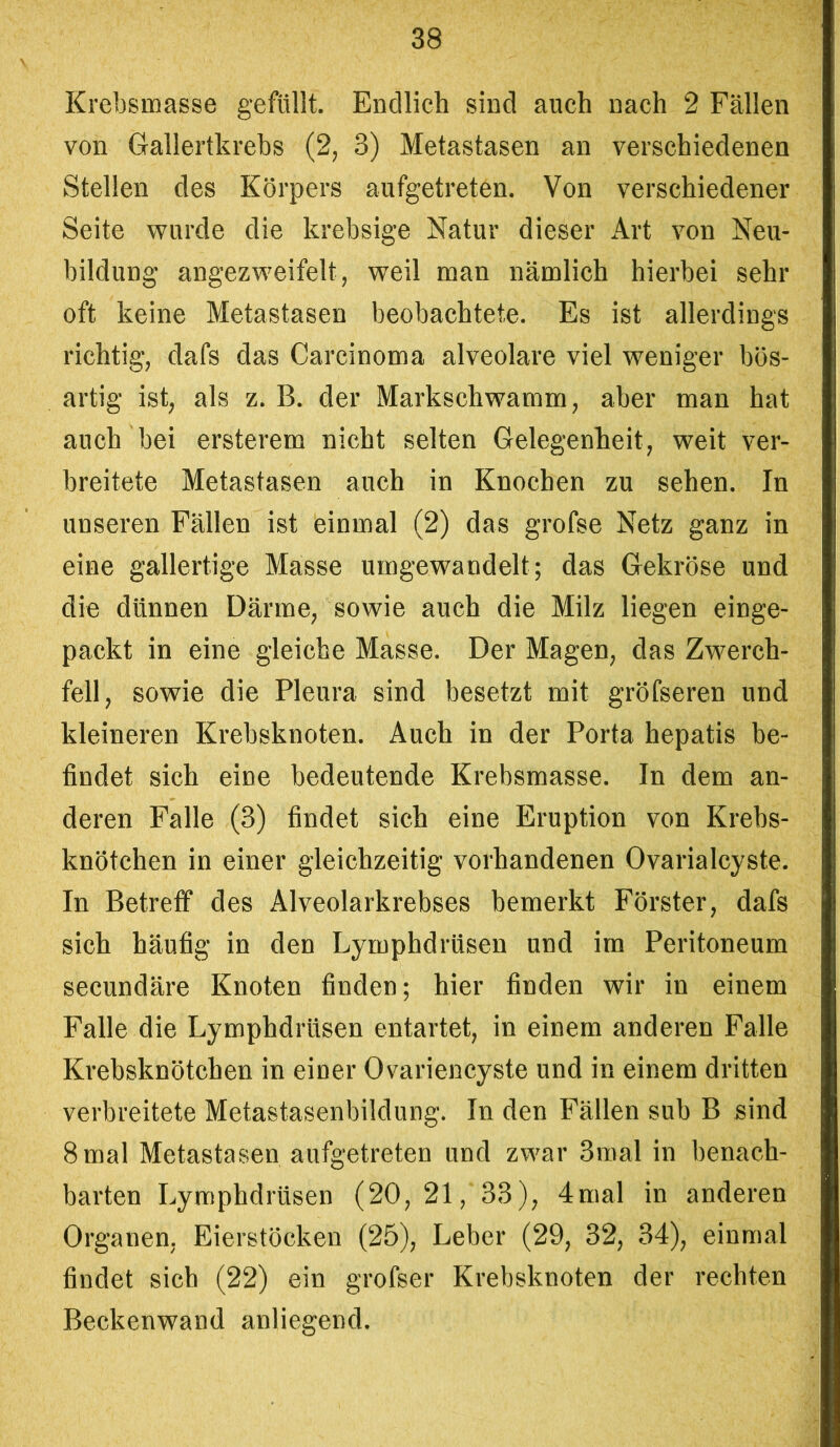 Krebsmasse gefüllt. Endlich sind auch nach 2 Fällen von Gallertkrebs (2, 3) Metastasen an verschiedenen Stellen des Körpers aufgetreten. Von verschiedener Seite wurde die krebsige Natur dieser Art von Neu- bildung angezweifelt, weil man nämlich hierbei sehr oft keine Metastasen beobachtete. Es ist allerdings richtig, dafs das Carcinoma alveolare viel weniger bös- artig ist, als z. B. der Markschwamm, aber man hat auch bei ersterem nicht selten Gelegenheit, weit ver- breitete Metastasen auch in Knochen zu sehen. In unseren Fällen ist einmal (2) das grofse Netz ganz in eine gallertige Masse umgewandelt; das Gekröse und die dünnen Därme, sowie auch die Milz liegen einge- packt in eine gleiche Masse. Der Magen, das Zwerch- fell, sowie die Pleura sind besetzt mit gröfseren und kleineren Krebsknoten. Auch in der Porta hepatis be- findet sich eine bedeutende Krebsmasse. In dem an- deren Falle (3) findet sich eine Eruption von Krebs- knötchen in einer gleichzeitig vorhandenen Ovarialcyste. In Betreff des Alveolarkrebses bemerkt Förster, dafs sich häufig in den Lymphdrüsen und im Peritoneum secundäre Knoten finden; hier finden wir in einem Falle die Lymphdrüsen entartet, in einem anderen Falle Krebsknötchen in einer Ovariencyste und in einem dritten verbreitete Metastasenbildung. In den Fällen sub B sind 8mal Metastasen aufgetreten und zwar 3mal in benach- barten Lymphdrüsen (20, 21, 33), 4mal in anderen Organen, Eierstöcken (25), Leber (29, 32, 34), einmal findet sich (22) ein grofser Krebsknoten der rechten Beckenwand anliegend.