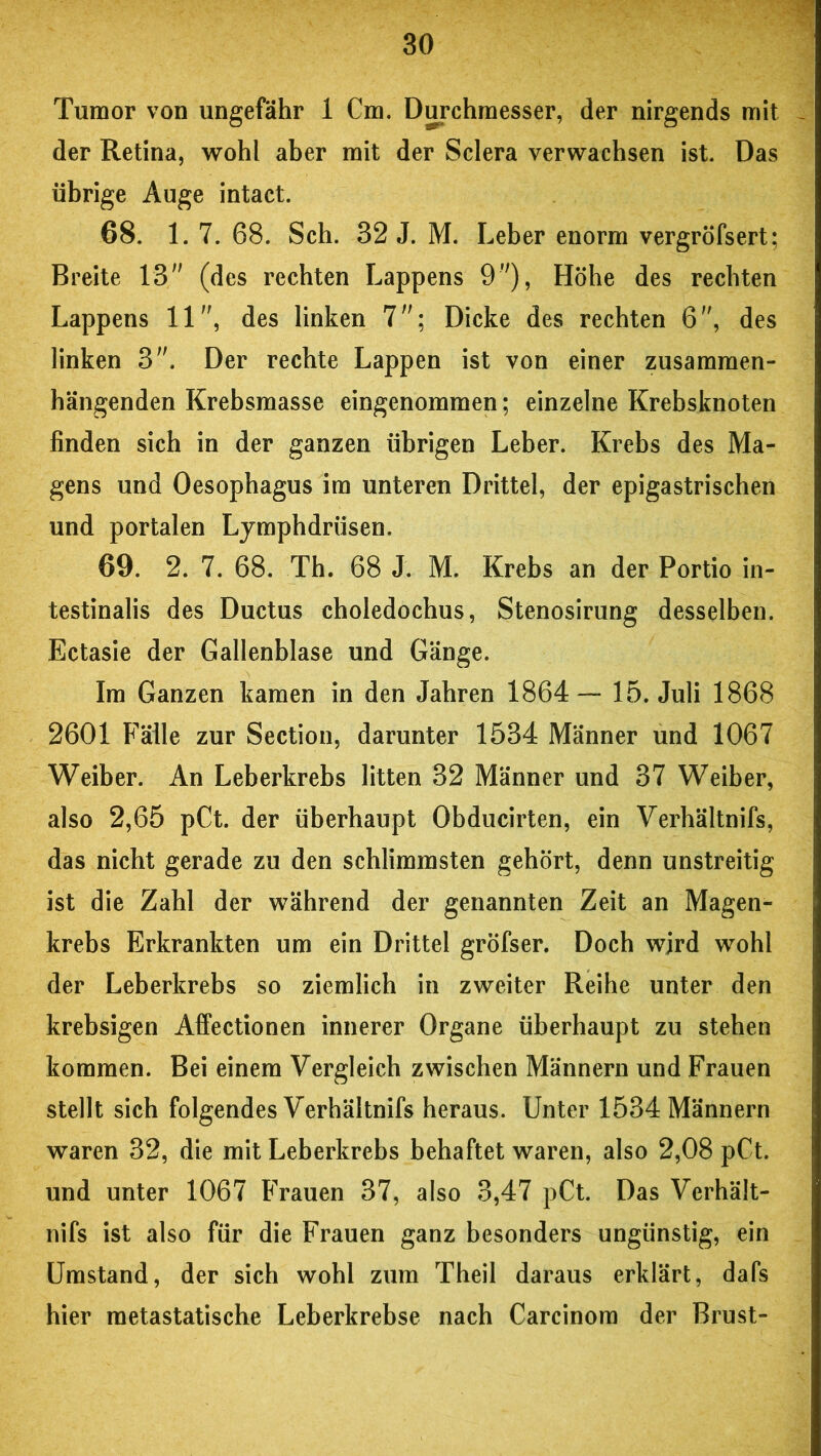 Tumor von ungefähr 1 Cm. Durchmesser, der nirgends mit - der Retina, wohl aber mit der Sclera verwachsen ist. Das übrige Auge intact. 68. 1. 7. 68. Sch. 32 J. M. Leber enorm vergröfsert; Breite 13 (des rechten Lappens 9), Höhe des rechten Lappens 11, des linken 7; Dicke des rechten 6, des linken 3. Der rechte Lappen ist von einer zusammen- hängenden Krebsmasse eingenommen; einzelne Krebsknoten finden sich in der ganzen übrigen Leber. Krebs des Ma- gens und Oesophagus im unteren Drittel, der epigastrischen und portalen Lymphdrüsen. 69. 2. 7. 68. Th. 68 J. M. Krebs an der Portio in- testinalis des Ductus choledochus, Stenosirung desselben. Ectasie der Gallenblase und Gänge. Im Ganzen kamen in den Jahren 1864— 15. Juli 1868 2601 Fälle zur Section, darunter 1534 Männer und 1067 Weiber. An Leberkrebs litten 32 Männer und 37 Weiber, also 2,65 pCt. der überhaupt Obducirten, ein Verhältnis, das nicht gerade zu den schlimmsten gehört, denn unstreitig ist die Zahl der während der genannten Zeit an Magen- krebs Erkrankten um ein Drittel gröfser. Doch wird wohl der Leberkrebs so ziemlich in zweiter Reihe unter den krebsigen Affectionen innerer Organe überhaupt zu stehen kommen. Bei einem Vergleich zwischen Männern und Frauen stellt sich folgendes Verhältnis heraus. Unter 1534 Männern waren 32, die mit Leberkrebs behaftet waren, also 2,08 pCt. und unter 1067 Frauen 37, also 3,47 pCt. Das Verhält- nis ist also für die Frauen ganz besonders ungünstig, ein Umstand, der sich wohl zum Theil daraus erklärt, dafs hier metastatische Leberkrebse nach Carcinom der Brust-