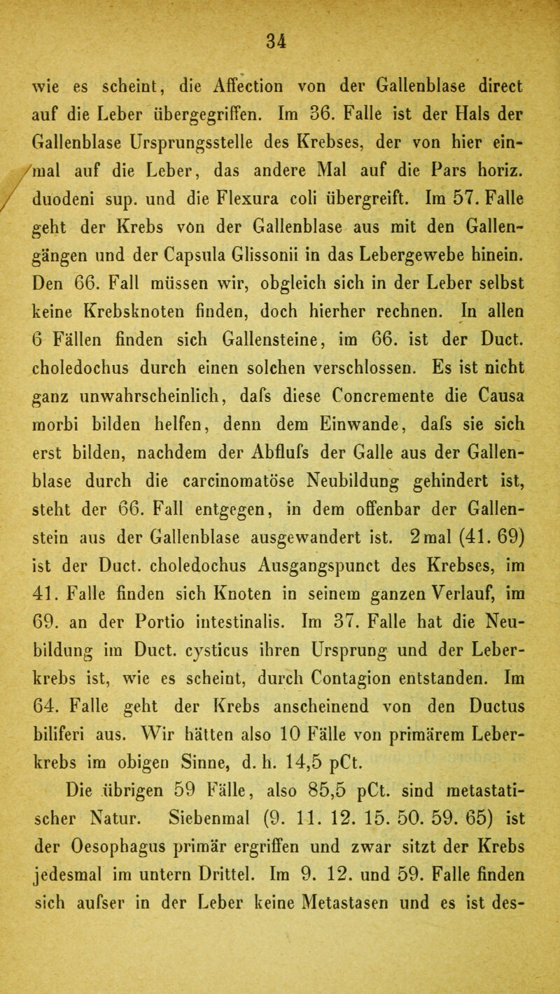 wie es scheint, die Affection von der Gallenblase direct auf die Leber übergegriffen. Im 36. Falle ist der Hals der Gallenblase Ursprungsstelle des Krebses, der von hier ein- mal auf die Leber, das andere Mal auf die Pars horiz. duodeni sup. und die Flexura coli übergreift. Im 57. Falle geht der Krebs von der Gallenblase aus mit den Gallen- gängen und der Capsula Glissonii in das Lebergewebe hinein. Den 66. Fall müssen wir, obgleich sich in der Leber selbst keine Krebsknoten finden, doch hierher rechnen. In allen 6 Fällen finden sich Gallensteine, im 66. ist der Duct. choledochus durch einen solchen verschlossen. Es ist nicht ganz unwahrscheinlich, dafs diese Concremente die Causa morbi bilden helfen, denn dem Einwande, dafs sie sich erst bilden, nachdem der Abflufs der Galle aus der Gallen- blase durch die carcinomatöse Neubildung gehindert ist, steht der 66. Fall entgegen, in dem offenbar der Gallen- stein aus der Gallenblase ausgewandert ist. 2mal(41.69) ist der Duct. choledochus Ausgangspunct des Krebses, im 41. Falle finden sich Knoten in seinem ganzen Verlauf, im 69. an der Portio intestinalis. Im 37. Falle hat die Neu- bildung im Duct. cysticus ihren Ursprung und der Leber- krebs ist, wie es scheint, durch Contagion entstanden. Im 64. Falle geht der Krebs anscheinend von den Ductus biliferi aus. Wir hätten also 10 Fälle von primärem Leber- krebs im obigen Sinne, d. h. 14,5 pCt. Die übrigen 59 Fälle, also 85,5 pCt. sind metastati- scher Natur. Siebenmal (9. 11. 12. 15. 50. 59. 65) ist der Oesophagus primär ergriffen und zwar sitzt der Krebs jedesmal im untern Drittel. Im 9. 12. und 59. Falle finden sich aufser in der Leber keine Metastasen und es ist des-