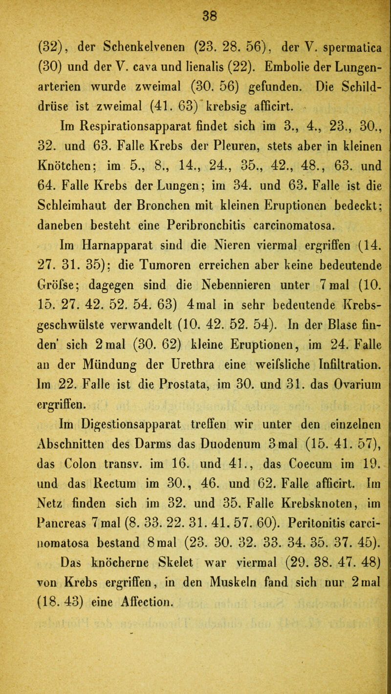 (32), der Schenkelvenen (23. 28. 56), der V. spermatica (30) und der V. cava und lienalis (22). Embolie der Lungen- arterien wurde zweimal (30. 56) gefunden. Die Schild- drüse ist zweimal (41. 63) krebsig afficirt. Im Respirationsapparat findet sich im 3., 4., 23., 30., 32. und 63. Falle Krebs der Pleuren, stets aber in kleinen Knötchen; im 5., 8., 14., 24., 35., 42., 48., 63. und 64. Falle Krebs der Lungen; im 34. und 63. Falle ist die Schleimhaut der Bronchen mit kleinen Eruptionen bedeckt; daneben besteht eine Peribronchitis carcinomatosa. Im Harnapparat sind die Nieren viermal ergriffen (14. 27. 31. 35); die Tumoren erreichen aber keine bedeutende Gröfse; dagegen sind die Nebennieren unter 7 mal (10. 15. 27. 42. 52. 54. 63) 4mal in sehr bedeutende Krebs- geschwülste verwandelt (10. 42. 52. 54). In der Blase fin- den sich 2mal (30. 62) kleine Eruptionen, im 24. Falle an der Mündung der Urethra eine weifsliche Infiltration. Im 22. Falle ist die Prostata, im 30. und 31. das Ovarium ergriffen. Im Digestionsapparat treffen wir unter den einzelnen Abschnitten des Darms das Duodenum 3 mal (15. 41. 57), das Colon transv. im 16. und 41., das Coecum im 19. und das Rectum im 30., 46. und 62. Falle afficirt. Im Netz finden sich im 32. und 35. Falle Krebsknoten, im Pancreas 7 mal (8. 33. 22. 31. 41. 57. 60). Peritonitis carci- nomatosa bestand 8 mal (23. 30. 32. 33. 34. 35. 37. 45). Das knöcherne Skelet war viermal (29. 38. 47. 48) von Krebs ergriffen, in den Muskeln fand sich nur 2mal (18. 43) eine Affection.