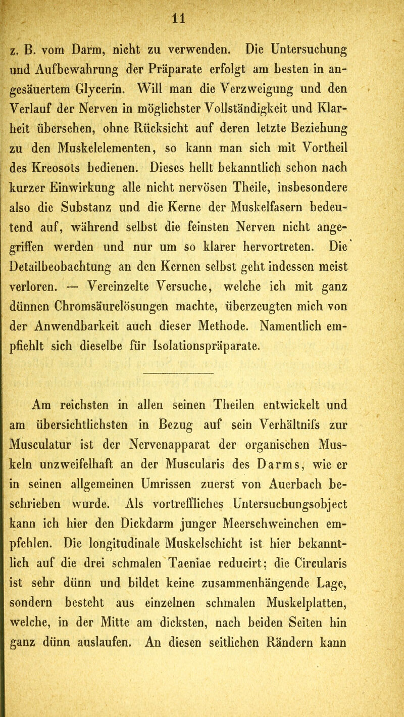 z, B. vom Darm, nicht zu verwenden. Die Untersuchung und Aufbewahrung der Präparate erfolgt am besten in an- gesäuertem Glycerin. Will man die Verzweigung und den Verlauf der Nerven in möglichster Vollständigkeit und Klar- heit übersehen, ohne Rücksicht auf deren letzte Beziehung zu den Muskelelementen, so kann man sich mit Vortheil des Kreosots bedienen. Dieses hellt bekanntlich schon nach kurzer Einwirkung alle nicht nervösen Theile, insbesondere also die Substanz und die Kerne der Muskelfasern bedeu- tend auf, während selbst die feinsten Nerven nicht ange- griffen werden und nur um so klarer hervortreten. Die Detailbeobachtung an den Kernen selbst geht indessen meist verloren. — Vereinzelte Versuche, welche ich mit ganz dünnen Chromsäurelösungen machte, überzeugten mich von der Anwendbarkeit auch dieser Methode. Namentlich em- pfiehlt sich dieselbe für Isolationspräparate. Am reichsten in allen seinen Theilen entwickelt und am übersichtlichsten in Bezug auf sein Verhältnifs zur Musculatur ist der Nervenapparat der organischen Mus- keln unzweifelhaft an der Muscularis des Darms, wie er in seinen allgemeinen Umrissen zuerst von Auerbach be- schrieben wurde. Als vortreffliches Untersucbungsobject kann ich hier den Dickdarm junger Meerschweinchen em- pfehlen. Die longitudinale Muskelschicht ist hier bekannt- lich auf die drei schmalen Taeniae reducirt; die Circularis ist sehr dünn und bildet keine zusammenhängende Lage, sondern besteht aus einzelnen schmalen Muskelplatten, welche, in der Mitte am dicksten, nach beiden Seiten hin ganz dünn auslaufen. An diesen seitlichen Rändern kann