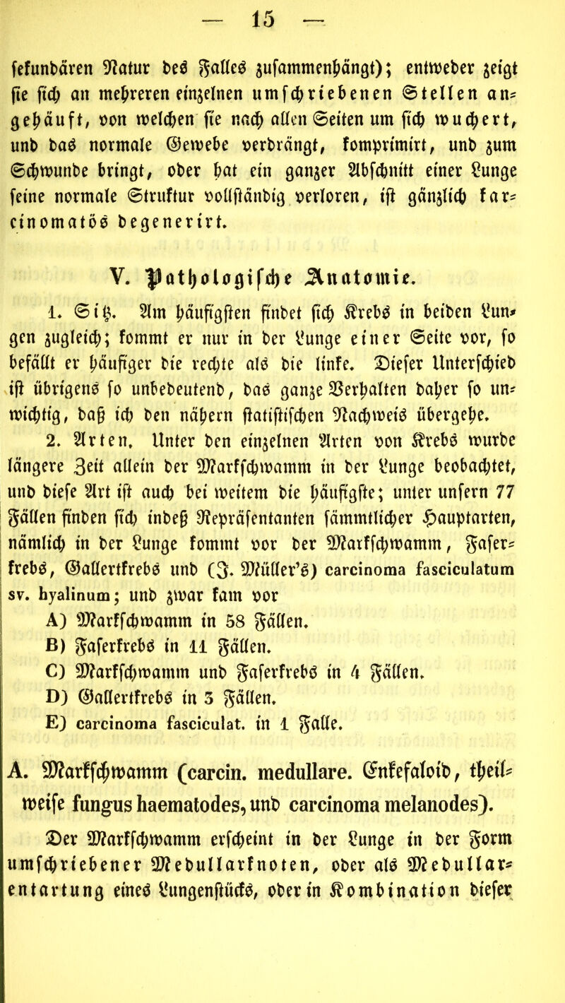 fefunbärcn 91atur beö ^atlcö jufammcnjiängt); cniwebcr jetgt |ie ftcb an mehreren fmjelnen umfcbrtebenen ©teilen an* gehäuft, »on welken fte na^ allen ©eiten um ftcb wu(|iert, unb baö normale Oemebe »erbrängt, fomprimirt, unb jum ©^munbe bringt, ober bat ein ganzer Slbfcbnitt einer Sunge feine normale ©truftur »ollftänbig »erloren, ift gänjiicb far* cinomatöo begenerirt. V. |Jüt|)olo9ifcbe JSlntttomie. 1. ©i^. 2lm bäuftgften fi'nbet ftcb Äreb^ in beiben l'im» gen jugleicb; foramt er nur in ber l*unge einer ©eite »or, fo befällt er bäuftger bie rechte alö bie linfe. £)iefer Unterfcbieb ift übrigens fo unbebeutenb, boS ganje 23erbalten baber fo un* wichtig, bag ich ben näbern fiatiftifcben 9ta^weiS übergebe. 2. Slrten. Unter ben einjelnen Slrten »on ifrebS würbe längere 3fit uHein ber SWarffcbwamm in ber l'unge beoba^tet, unb biefe 2lrt ift auch bei weitem bie bäuftgfte; unter unfern 77 ; gälten fi'nben ficb inbe§ fWepräfentanten fämmtlicber ^auptnrten, i nämlich in ber Sunge fommt »or ber 9)tarffchwamm, gafer* |frebs, ©altertfrebS unb (g. SJiülter’S) Carcinoma fasciculatum i SV. byalinum; unb jwar fam »or j A) 5D?arffchwamm in 58 gälten. I ß) gaferfrebs in 11 gälten, i C) fWarffchwamm unb gaferfrebö in 4 gälten. D) ©atlertfrebs in 3 gällen. E) Carcinoma fasciculat. in 1 gälte. A. SD?arffd^wamm (carcin. medulläre. (Jnfefaloib, tbeif* weife fungus haemalodes, unb carcinoma melanodes). 2)er 2Warffchwamm erfcheint in ber ?unge in ber gorm umfchriebener ÜÄebuIIarfnoten, ober alS attebullar* entartung eines üungenftüdS, Oberin Kombination biefer