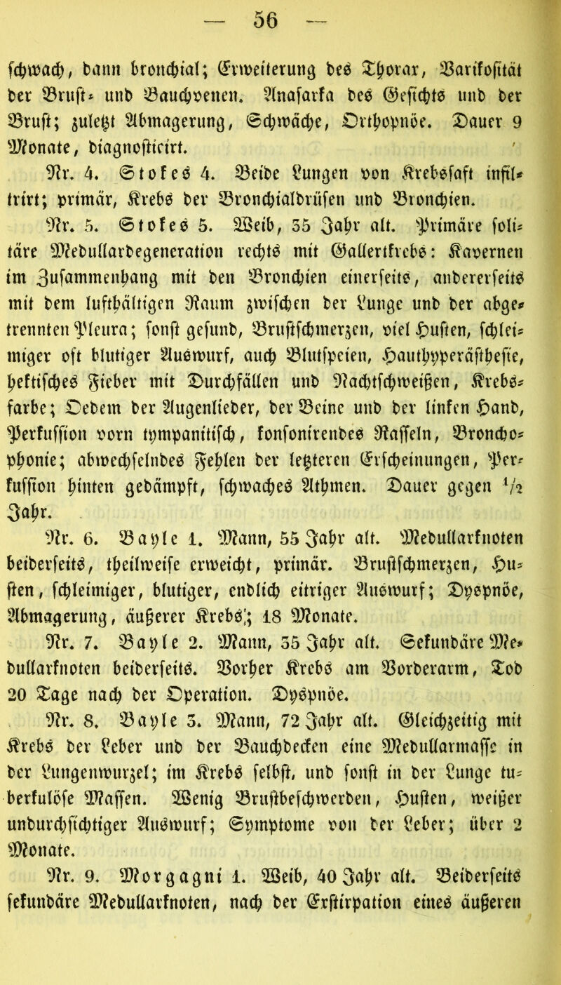 bunn bron(|>tal; (Svweilcrung beb ^^oear, 33arifo(ität bcr ©nip» unb ©auc^bcnen. 5lnafarfa beb ©eftc^te luib ber ©ruft; jule^t 91bmagerung, @^wäc^e, £)itl)Obnöe. Sauer 9 SWonatc, biagnotitrtrt. 5?r. 4. ©tofeö 4. ©eibe Sungen »on Ärebefafj (njtl* tritt; ;jrtmär, Ärebö ber SBronc^talbrüj'en unb SBronc^ten. 9?r. 5. ©tofee 5. Söetb, 55 3a^r alt. 'J.'rimäre folu täte 9Jfebu((arbegencrattou rechte mit ©aüertfrcbe: Äar»ernen im Bufflwmen^ang mit ben ©rombien etnerfeite, anbererfeitb mit bem luftbnlttgen 9iaum jmifcben ber l'uiige unb ber abge» trennten l'teura; fonji gefunb, ©ruftfebmerjen, oid ^)uflen, fcbtei* miger oft blutiger Sluemurf, auch ©lutfpeien, J^autbVberäftbefie, beftifcbeb gtcber mit Surcbfälien unb 9?acbtftbmei§en, ^rebb* färbe; Sebem ber 21ugenlieber, ber ©eine unb ber linfen ^)anb, ^erfuffion oorn tbmpanitifcb / fonfonirenbeb fRaffeln, ©roncbo* bbonie; abmecbfelnbeb geblen ber legieren (Ivfcbeinungen, '>J3cr<- fufjton butten gebampft, fcbmacbeb SItbmen. Sauer gegen ‘Z? 3«br- 9Ir. 6. ©aple 1. ©Zann, 55 9lt. ©Zebullarfnoten beiberfeitb, tbeilmeife ermei(bt, primär, ©rufifcbmerjen, .!f)u> fien, fcbleimiger, blutiger, enblicb eitriger Ülubmutf; Spepnöe, Slbmagerung, äu§erer ^rebbi; 18 ©Zonate. 9Zr. 7. ©apie 2. ©Zaun, 35 3abr alt. ©efunbäre ©Ze* bullarfnoten beiberfeitb. ©orber Ärebb am ©orberarm, Sob 20 Sage naib ber Operation. Spbpnöe. ©r. 8, ©aple 3. ©Zann, 723abr alt. ©leicbjeitig mit Ärebb ber f?eber unb ber ©aucbbetfen eine ©Zebullarmajfc in ber IHingenmurjel; im Ärebb felbfi, unb fonft in ber Sunge tu= berfulbfe ©Zaffen. ©3enig ©rufibefcbmerben, .f)uften, meiner unburebficbtiger Slubmurf; ©pmptome oon ber Heber; über 2 ©Zonate. ©r. 9. ©Zorgagni i. ©Jeib, 40 3abr alt. ©eiberfeitb fefunbäre ©Zebullarfnoten, nach ber ©rftirpation eineb äußeren