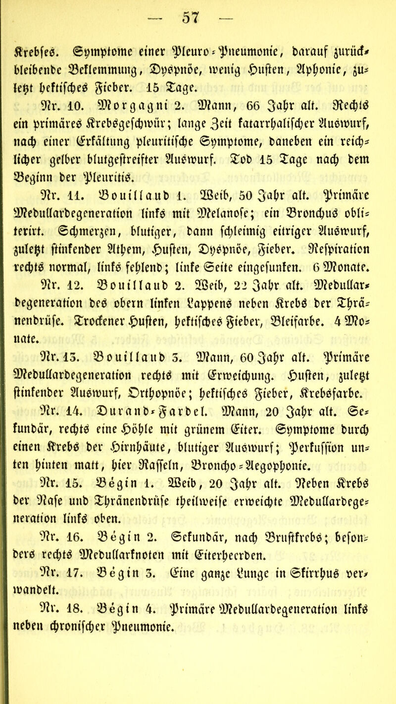 Srebfes. ©pmpfome et'ncv ^leuro^'^ncumom'e, barauf jururf» blcibenbc 93enemimtnc(, ©^epttöe, weiu'ä J£)ujien, Slp^onte, ju* le^t bfWWeö gtcber. 15 Sage. 9Jr. 10. 9)Jorgagnt 2. ü)?ann, 66 alt. ein bn'märeb £reb^gef(b»»iiv; lange 3eit fatavr{»alifd)er Sluswurf, nach einer (fvfältnng pleuritifcbe ©^mptome, baneben ein reich* li4>er gelber blutgeftreifter Sluevnurf. Sob 15 Sage nach tem Seginn ber ^Pleuritis. 9lr. 11. ißouillaub 1. 2ßeib, 50 3abr (Jlt. ^'riincire 2)?cbullarbegeneration linfe mit 9)?elanofe; ein Sronchuö C5bli* terirt. ©chmerjen, blutiger, bann fchleimig eitriger Sluemurf, juleht ftinfenber Slthein, c^uften, Si^ebnöe, gieber. 9?efbirotion rechte normal, linfö fehlenb; linfe ©eite eingefunlen. 6 ü)?onate. S^Jr. 12. ®ouillaub 2. Selb, 22 gabr alt. 9)?ebullar* begeneration beö obetn linfen l*appenO neben Ärebö ber nenbrüfe. Srocfener .^^nfien, heftiffheö gieber, Sleifarbe. 4 2)?o» nate. 9^r. 13. Souillaub 3. SUann, OOgahr alt. ^primäre SWebullarbegeneration rechte mit (Jrmeichung. ^)iif}en, julegt ftinfenber Sluemurf, Orthopnoe; h^ftif^hf^ gieber, ifrebsfarbe. 'Jlr. 14. ®uranb*garbel. Slfann, 20 gahr alt. ©e» funbär, rechtö eine .giöhle mit grünem Siter. ©pmptome burch einen Ärebö ber ^)irnhäute, blutiger Sluomurf; ^perfufjton un* ten hinten matt, hiev Staffeln, ©roncho*2legophonie. Str. 15. 33egin 1. SBeib, 20 gahr alt. Stehen Ärebö ber Stafe unb Shrdnenbrnfe theilmeife ermeichte 9)?ebuttarbege= Iteration linfO oben. Str. 16. iSegilt 2. ©efunbdr, nach 33ruftfrebö; befons berö rechte SÄebutlarfnoten mit (Siterheerben. Sfr. 17. iS eg in 3. (^ine ganje l*unge in ©firrhuö »er* manbelt. SJr. 18. iS eg in 4. primäre S)?ebutlarbegeneration linfO neben chronifcher Pneumonie.