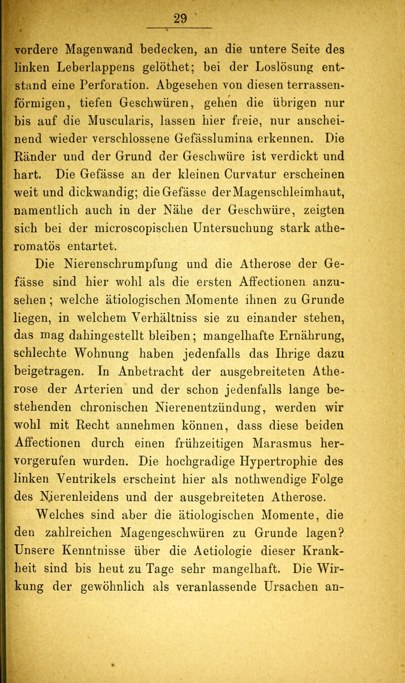 vordere Magenwand bedecken, an die untere Seite des linken Leberlappens gelöthet; bei der Loslösung ent- stand eine Perforation. Abgesehen von diesen terrassen- förmigen, tiefen Geschwüren, gehen die übrigen nur bis auf die Muscularis, lassen hier freie, nur anschei- nend wieder verschlossene Gefässlumina erkennen. Die Künder und der Grund der Geschwüre ist verdickt und hart. Die Gefässe an der kleinen Curvatur erscheinen weit und dickwandig; die Gefässe der Magenschleimhaut, namentlich auch in der Nähe der Geschwüre, zeigten sich bei der microscopischen Untersuchung stark athe- romatös entartet. Die Nierenschrumpfung und die Atherose der Ge- fässe sind hier wohl als die ersten Affectionen anzu- sehen ; welche ätiologischen Momente ihnen zu Grunde liegen, in welchem Verhältniss sie zu einander stehen, das mag dahingestellt bleiben; mangelhafte Ernährung, schlechte Wohnung haben jedenfalls das Ihrige dazu beigetragen. In Anbetracht der ausgebreiteten Athe- rose der Arterien und der schon jedenfalls lange be- stehenden chronischen Nierenentzündung, werden wir wohl mit Recht annehmen können, dass diese beiden Affectionen durch einen frühzeitigen Marasmus her- vorgerufen wurden. Die hochgradige Hypertrophie des linken Ventrikels erscheint hier als nothwendige Folge des Nierenleidens und der ausgebreiteten Atherose. Welches sind aber die ätiologischen Momente, die den zahlreichen Magengeschwüren zu Grunde lagen? Unsere Kenntnisse über die Aetiologie dieser Krank- heit sind bis heut zu Tage sehr mangelhaft. Die Wir- kung der gewöhnlich als veranlassende Ursachen an-