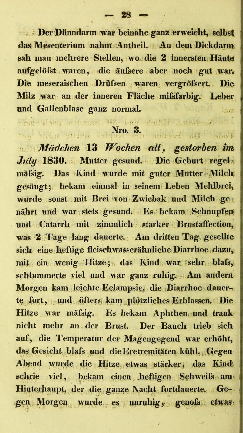 : Der Dünndarm war beinahe ganz erweicht, sdbsC das Mesenterium nahm Antheil. An dem Dickdarm sah man mehrere Stellen, wo. die 2 innersten Häute aufgelöfst waren, die äufsere aber noch gut war* Die meseraischen Dröfsen waren vergröfsert. Die Milz war an der inneren Fläche mifsfarbig. Leber und Gallenblase ganz normal* Nro. 3. ' % Mädchen 13 Wochen alt, gestorben im 1830. Mutter gesund. Die Geburt regeb- rnäfsig. Das Kind wurde mit guter Mutter-^Milch gesäugt;, bekam einmal in seinem Lebeii Mehlbreij würde sonst mit Brei von Zwiebak und Milch ge- nährt und war stets gesund. Es bekam .Schnupfe;? und Catarrh mit zimmlich starker BrustafFection,^ was 2 Tage lang dauerte» Am dritten Tag, gesellte sich eine heftige fleischMWSserähnliehe Diarrhoe dazu,, mit ein wenig Hitze ; das Kind war I sehr blafs, schlummerte viel und war ganz ruhig» Am andern Morgen kam leichte Bclampsie, die Diarrhoe dauern te fort, und, ;öfters h*‘h ‘TlotzliGhes Erblassen. Die Hitze w ar mäfsig. Es bekam Aphthens und trank nicht mehr an der Biust. Der Bauch trieb sich auf, die Temperatur der Magengegend w^ar erhöht, das Gesicht, blafs und die Eretremitäten kühl* v Ciegen Abend wuide die Hitze, etwas stärker, das Kind, schrie viel, bekam einen heftigen Schweifs, am» Hiaterhaupt, der die ganze Nacht fortdauerte. Ge- .gen : Morgen wurde e^ unruhig,: genotßi , etwas ^