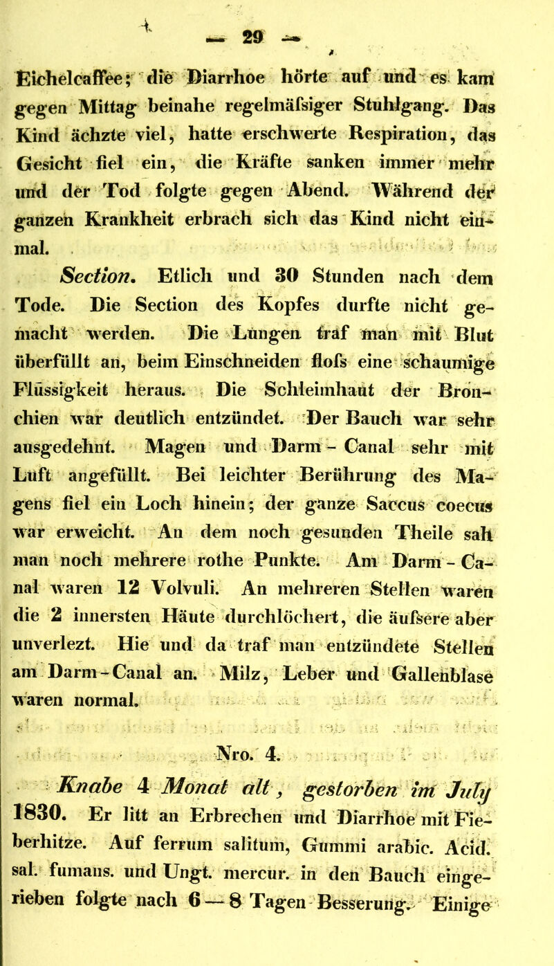 Eiehelcaffee ;■ dte JKarrhoe hörte auf mhd esl kam gegen Mittag* beinahe regelmäfsiger StuhJgang. Das Kind ächzte viel, hatte erschwerte Respiration, das Gesicht fiel ein, die Kräfte sanken immer mehr uml der Tod folgte gegen Abend. Während der* ganzen Krankheit erbrach sich das Kind nicht mal. ^ ' Section. Etlich und 30 Stunden nach dem Tode. Die Section des Kopfes durfte nicht ge- macht w^erden. Die Lungen iraf tnän mit überfüllt an, beim Einschneiden flofs eine schaumige Flüssigkeit heraus. Die Schleimhaüt der Bron- chien w ar deutlich entzündet. Der Bauch war sehr ausgedehnt. Magen und Darm -Canal sehr mit Luft angefüllt. Bei leichter Berührung des Ma-^ gens fiel ein Loch hinein; der ganze Saccus cöecus war erweicht. An dem noch gesunden Theile sah man noch mehrere rothe PunktCi Am Darm - Ca- nal waren 12 Volvuli. An mehreren Stellen waren die 2 innersten Häute durchlöchert, die äuftere aber unverlezt. Hie und da traf man entzündete Stelleu am Darm- Canal an. ^ Milz, Leber und Gallenblase waren normal. ■ > -Nro.' 4. ■ 1 - Knabe Monat alt, gestorben inf Jidy 1830. Er litt an Erbrechen imd Diari^hoe'mft Fie- berhitze. Auf ferruin salitum, Gummi arabic. Acicli sal. fumans. uöd Ungt. niercür. in den Bancli einge- rieben folgte nach 6 — 8 Tagen Besserurtg.i Einigo