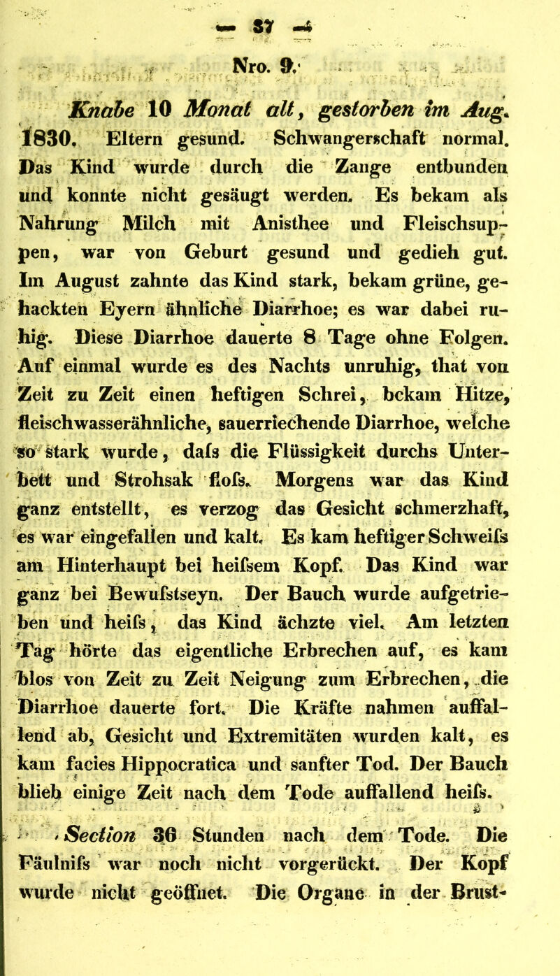 •«- SY ^ Nro. 9, . Knabe 10 Monat alt, gestorben im Aug^ 1830. Eltern gesund, Schwangerschaft normal. Das Kind wurde durch die Zange entbunden und konnte nicht gesäugt werden. Es bekam als Nahrung Milch mit Anisthee und Pleischsup^ pen, war von Geburt gesund und gedieh gut. Im August zahnte das Kind stark, bekam grüne, ge- hackten Eyern ähnliche Diarrhoe; es war dabei ru- hig. Diese Diarrhoe dauerte 8 Tage ohne Folgen. Auf einmal wurde es des Nachts unruhig, that von Zeit zu Zeit einen heftigen Schrei, bekam Hitze, fleischwasserähnliche, sauerriechende Diarrhoe, w^elche ISO stark tvurde, dals die Flüssigkeit durchs Uiiter- hett und Strohsak flofs,. Morgens war das Kind ganz entstellt, es verzog das Gesicht gchmerzhaft, es war dngefaÜen und kalt. Es kam heftiger Schweifs am Hinterhaupt bei heifsem Kopf. Das Kind war ganz bei Bewufstseyn, Der Bauch wurde aufgetrie- ben und heifs ^ das Kind ächzte viel. Am letzten Tag hörte das eigentliche Erbrechen auf, es kam blos von Zeit zu Zeit Neigung zum Erbrechen, ..die Diarrhoe dauerte fort. Die Kräfte nahmen auffal- lend ab, Gesicht und Extremitäten wurden kalt, es kam faeies Hippocratica und sanfter Tod. Der Bauch blieb einige Zeit nach dem Tode auffallend heifs. >Section 3.6 Stunden nach dem Tode. Die Päulnifs war noch nicht vorgerückt. Der Köpf wurde nicht geöffnet. Die Organe in der Brust-