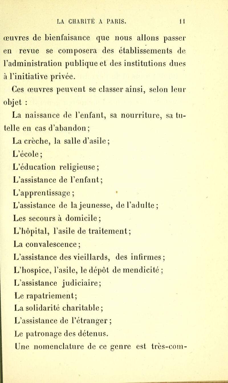 œuvres de bienfaisance que nous allons passer en revue se composera des établissements de l’administration publique et des institutions dues à l’initiative privée. Ces œuvres peuvent se classer ainsi, selon leur objet : La naissance de l’enfant, sa nourriture, sa tu- telle en cas d’abandon; La crèche, la salle d’asile ; L’école ; L’éducation religieuse ; L’assistance de l’enfant; L’apprentissage ; L’assistance de la jeunesse, de l’adulte; Les secours à domicile ; L’hôpital, l’asile de traitement ; La convalescence ; L’assistance des vieillards, des infirmes; L’hospice, l’asile, le dépôt de mendicité ; L’assistance judiciaire; Le rapatriement; La solidarité charitable ; L’assistance de l’étranger ; Le patronage des détenus. Une nomenclature de ce genre est très-com-