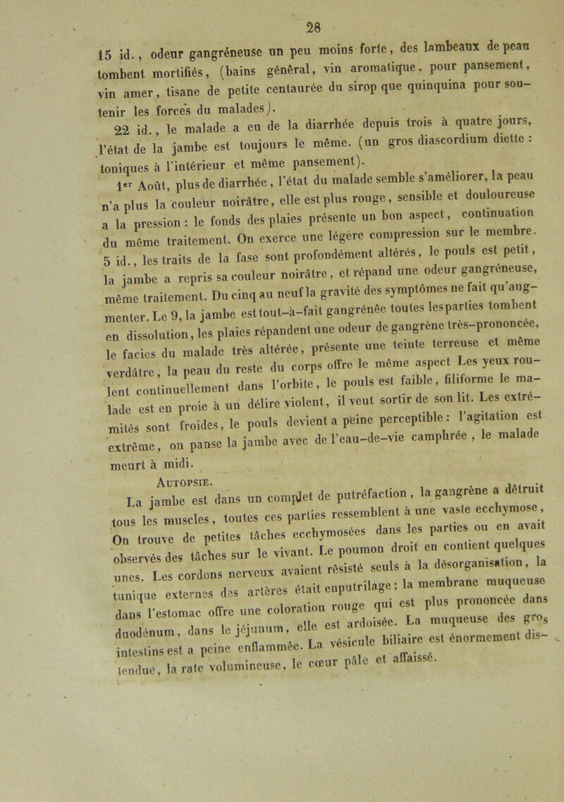 15 id., odeur gangréneuse un peu moins forte, des lambeaux de peau tombent mortifiés, (bains général, vin aromatique, pour pansement, vin amer, tisane de petite centaurée du sirop que quinquina pour sou- tenir les forces du malades J. 22 id., le malade a eu de la diarrhée depuis trois à quatre jours, l’état de l'a jambe est toujours le même, (un gros diascordium dielte : toniques à l’intérieur et même pansement). ,i *.„ût plus de diarrhée, l’état du malade semble s’améliorer, la peau n’a plus la couleur noirâtre, elle est plus rouge, sensible et douloureuse a la pression: le fonds des plaies présente un bon aspect, continuation du même traitement. On exerce une légère compression sur le membre. 5 id les traits de la fase sont profondément altérés, le pouls est petit, la jambe a repris sa couleur noirâtre, et répand une odeur gangreneuse, même traitement. Du cinq au neuf la gravité des symptômes ne fait qn aug- menter. Le 9, la jambe esttout-à-fait gangréuêe toutes lespart.es tombent en dissolution, les plaies répandent une odeur de gangrené tres-prononcee. e f Z du malade très altérée, présente une teinte terreuse et meme verdâtre, la peau du reste du corps offre le même aspect Les yeux rou- lent continuellement dans l’orbite, le pouls est faible, filiforme le ma- lade est en proie à un délire violent, il veut sortir de son lit. Les extré- mités sont froides, le pouls devient a peine perceptible : 1 agitation est même, on panse la jambe avec de l’eau-de-vie camphrée , le malade meurt à midi. La jambe est dans un complet de putréfaction, la gangrené a détruit tous les muscles, toutes ces parties ressemblent à une vaste ecchymose On , „„ve de petites tâches ecchymosées dans les parties o„ en ava. rdiservés'des tâches sur le vivant. Le poumon droit en contient quel,u s une. Les cordons nerveux avaient résisté seuls à la désorganisation, la tunique externes des artères dans l’estomac offre une coloration ™ug q euse des gros . i-X— intestins est a peine enflammée. La vésicme tendue, la rate volumineuse, le cœur pa w