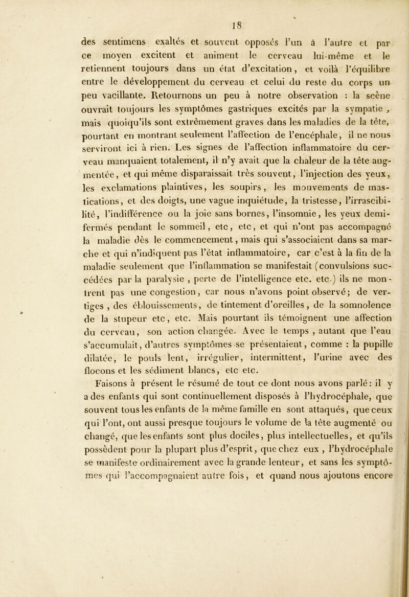 des sentimens exaltés et souvent opposés l’un à l’auire et par ce moyen excitent et animent le cerveau lui-même et le O retiennent toujours dans un état d’excitation, et voilà l’équilibre entre le développement du cerveau et celui du reste du corps un peu vacillante. Retournons un peu à notre observation : la scène ouvrait toujours les symptômes gastriques excités par la sympatie , mais quoiqu’ils sont extrêmement graves dans les maladies de la tête, pourtant en montrant seulement FafTeclion de l’encéphale, il ne nous serviront ici à rien. Les signes de l’affection inflammatoire du cer- veau manquaient totalement, il n’y avait que la chaleur de la tête aug- mentée, et qui même disparaissait très souvent, l’injection des yeux, les exclamations plaintives, les soupirs, les mouvements de mas- tications, et des doigts, une vague inquiétude, la tristesse, l’irrascibi- lité, l’indifférence ou la joie sans bornes, l’insomnie, les yeux demi- fermés pendant le sommeil, etc, etc, et qui n’ont pas accompagné la maladie dès le commencement, mais qui s’associaient dans sa mar- che et qui n’indiquent pas l’état inflammatoire, car c’est à la fin de la maladie seulement que l’inflammation se manifestait (convulsions suc- cédées par la paralysie , perte de l’intelligence etc. etc ) ils ne mon- trent pas une congestion, car nous n’avons point observé ; de ver- tiges , des éblouissements, de tintement d’oreilles, de la somnolence de la stupeur etc, etc. Mais pourtant ils témoignent une affection du cerveau, son action changée. Avec le temps , autant que l’eau s’accumulait, d’autres symptômes se présentaient, comme : la pupille dilatée, le pouls lent, irrégulier, intermittent, l’urine avec des flocons et les sédiment blancs, etc etc. Faisons à présent le résumé de tout ce dont nous avons parlé: il y a des enfants qui sont continuellement disposés à l’hydrocéphale, que souvent tous les enfants de la même famille en sont attaqués, que ceux qui l’ont, ont aussi presque toujours le volume de la tête augmenté ou changé, que les enfants sont plus dociles, plus intellectuelles, et qu’ils possèdent pour la plupart plus d’esprit, que chez eux , l’hydrocéphale se manifeste ordinairement avec la grande lenteur, et sans les symptô- mes qui l’accompagnaient autre fois, et quand nous ajoutons encore