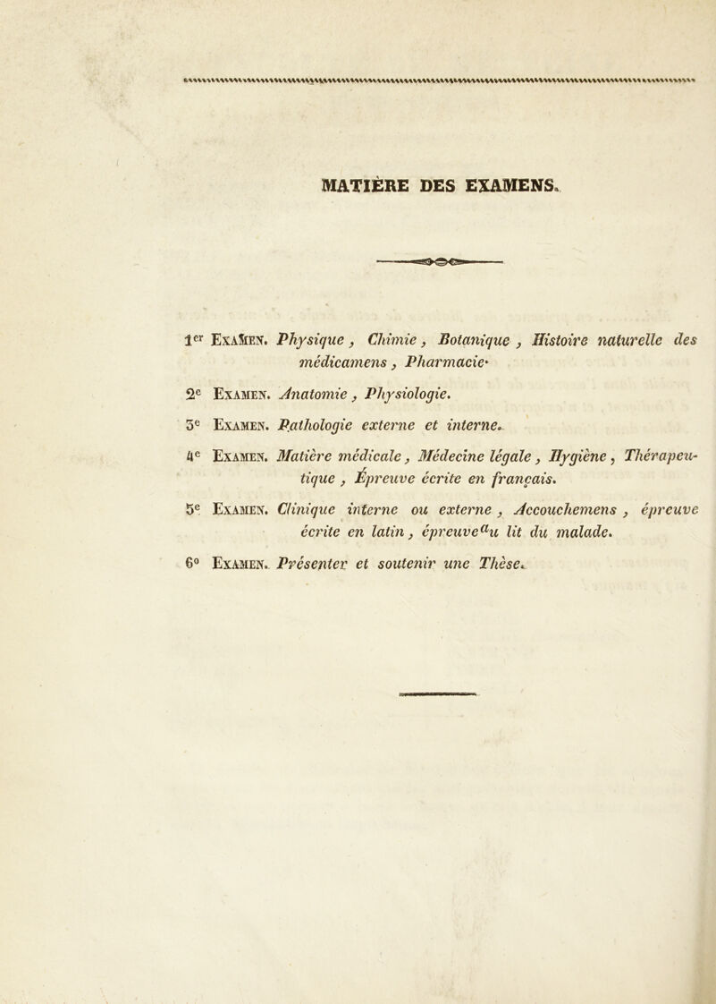 MATIÈRE DES EXAMENS. Exa5ien. Physique ^ Chimie y Botanique p Histoire naturelle des médicamens p Pharmacie* 52® Examen. Anatomie p Physiologie» 5® Examen. Pjathologie externe et interne^ A® Examen. Matière médicale, 3Iédecine légale p Hygiène, Thérapeu- tique p Épreuve écrite en français» 5® Examen. Clinique interne ou externe p Accouchemens p épreuve écrite en latin p épreuve^u lit du malade» 6® Examen. Présenter et soutenir une Thèse».