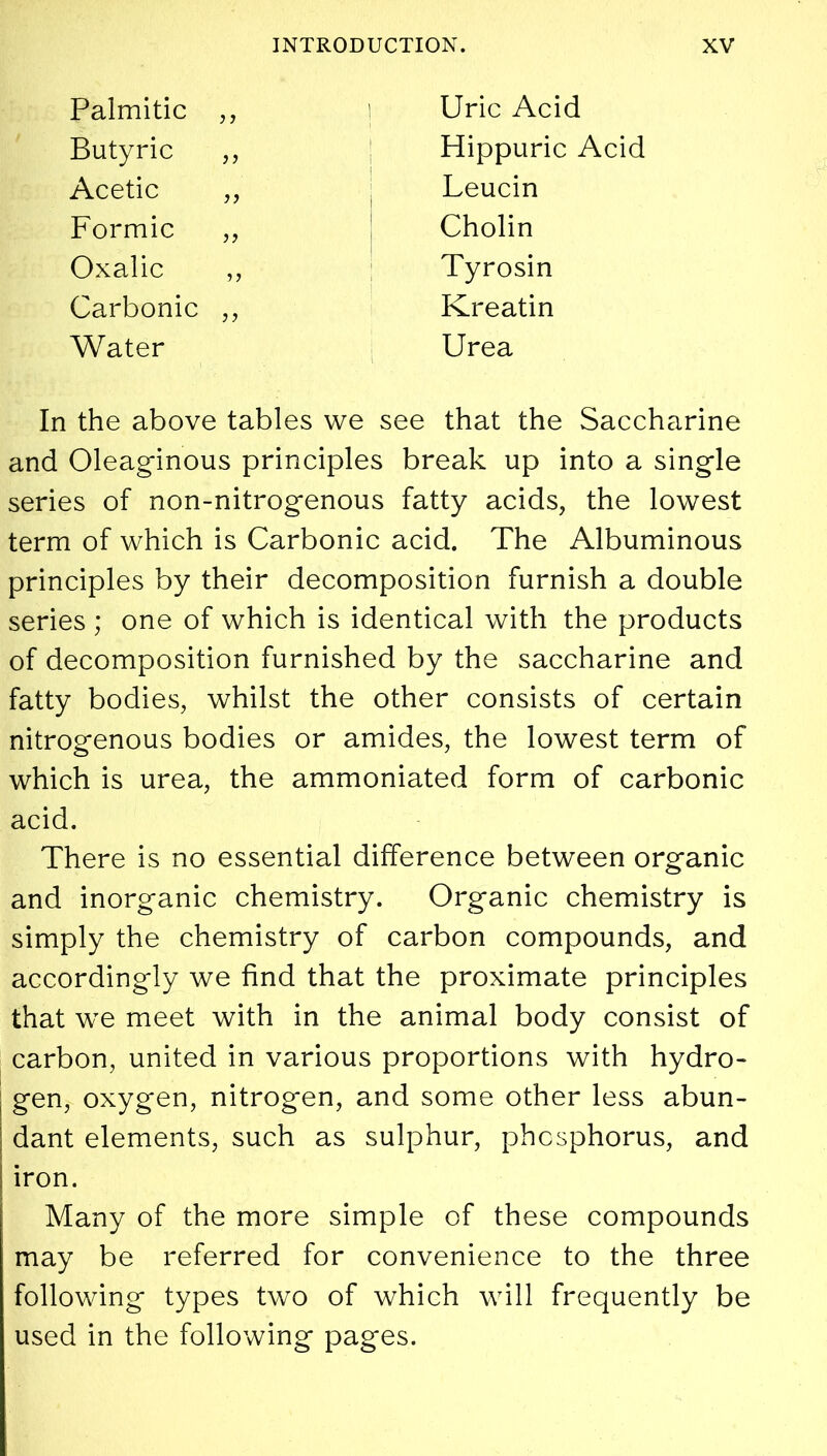 Carbonic ,, Water Acetic Formic Oxalic Palmitic ,, Butyric ,, Uric Acid Hippuric Acid Leucin Cholin Tyrosin Kreatin Urea In the above tables we see that the Saccharine and Oleaginous principles break up into a single series of non-nitrogenous fatty acids, the lowest term of which is Carbonic acid. The Albuminous principles by their decomposition furnish a double series ; one of which is identical with the products of decomposition furnished by the saccharine and fatty bodies, whilst the other consists of certain nitrogenous bodies or amides, the lowest term of which is urea, the ammoniated form of carbonic acid. There is no essential difference between organic and inorganic chemistry. Organic chemistry is simply the chemistry of carbon compounds, and accordingly we find that the proximate principles that we meet with in the animal body consist of carbon, united in various proportions with hydro- gen, oxygen, nitrogen, and some other less abun- dant elements, such as sulphur, phosphorus, and iron. Many of the more simple of these compounds may be referred for convenience to the three following types two of which will frequently be used in the following pages.