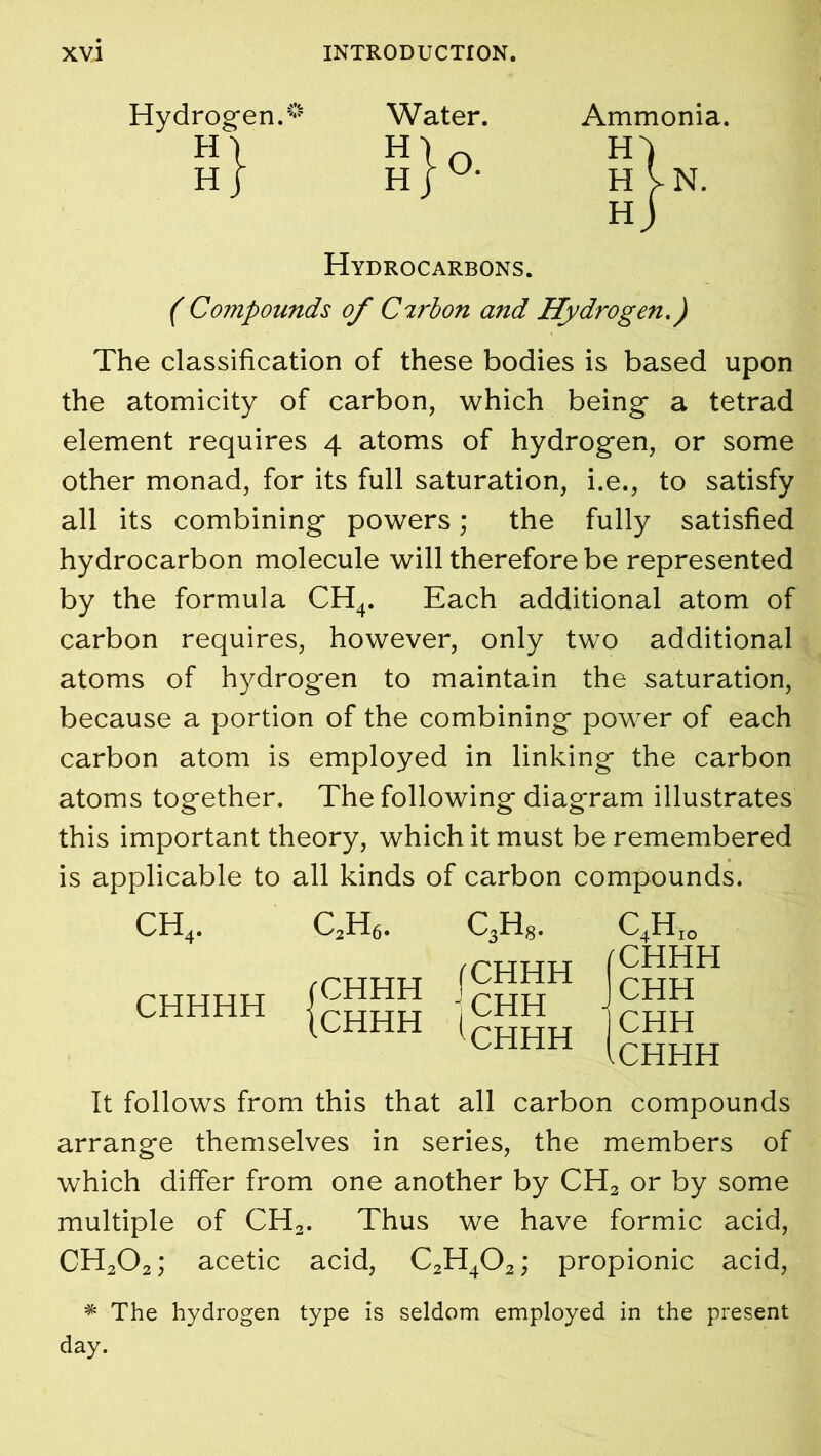 Hydrogen.**'* Water. Ammonia. H1 Hlo H) H j HJU- HVN. hJ Hydrocarbons. ( Compounds of Carbon and Hydrogen.) The classification of these bodies is based upon the atomicity of carbon, which being* a tetrad element requires 4 atoms of hydrogen, or some other monad, for its full saturation, i.e., to satisfy all its combining powers; the fully satisfied hydrocarbon molecule will therefore be represented by the formula CH4. Each additional atom of carbon requires, however, only two additional atoms of hydrogen to maintain the saturation, because a portion of the combining power of each carbon atom is employed in linking the carbon atoms together. The following diagram illustrates this important theory, which it must be remembered is applicable to all kinds of carbon compounds. CH4. CHHHH C2H6. CHHH CHHH c3h8. fCHHH CHH lCHHH C4Hio (CHHH J CHH I CHH ICHHH It follows from this that all carbon compounds arrange themselves in series, the members of which differ from one another by CH2 or by some multiple of CH2. Thus we have formic acid, CH202; acetic acid, C2H402; propionic acid, * The hydrogen type is seldom employed in the present day.