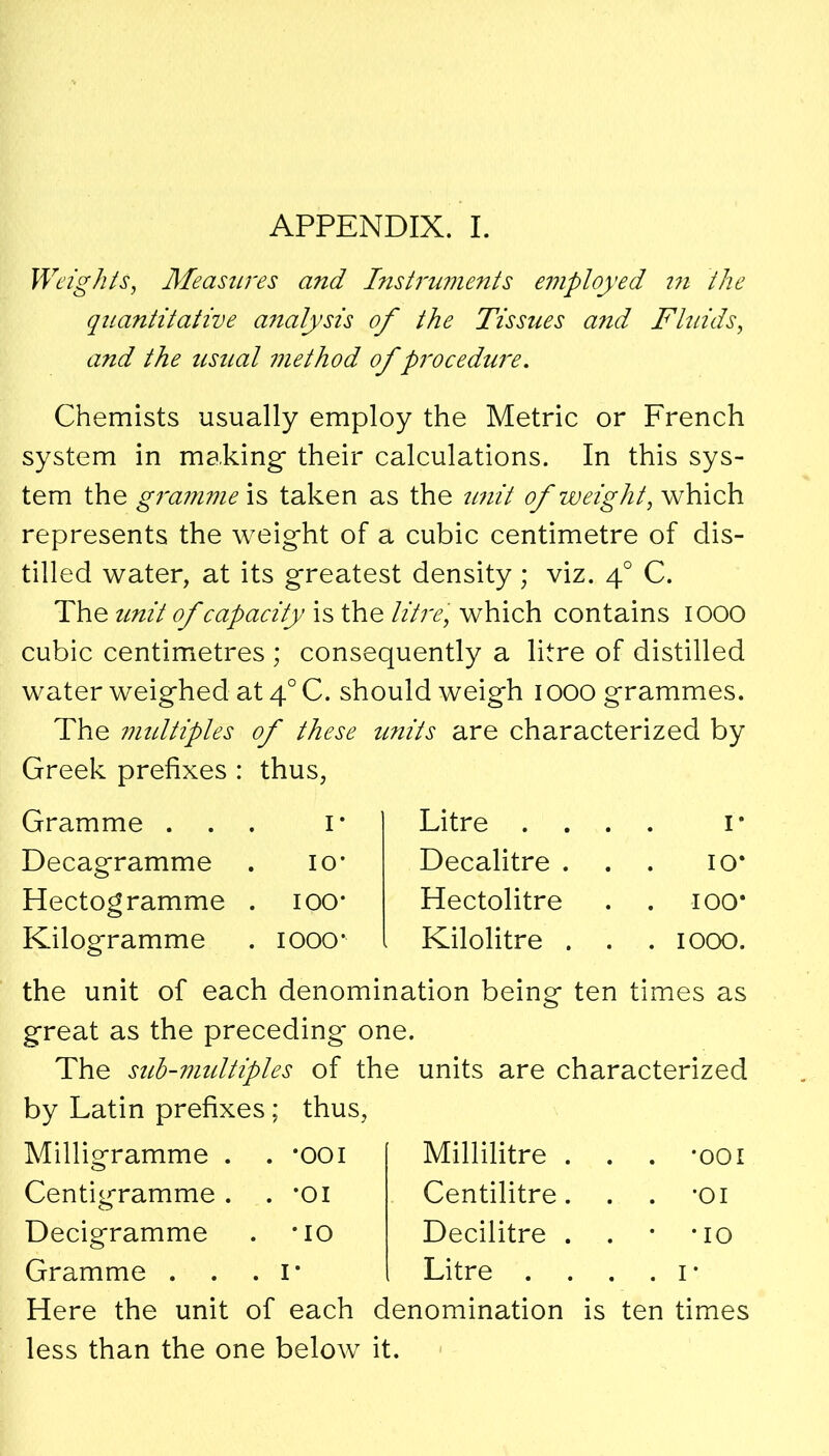APPENDIX. I. Weights, Measures and Instruments employed i?i the quantitative analysis of the Tissues and Fluids, and the usual method of procedure. Chemists usually employ the Metric or French system in making their calculations. In this sys- tem the gramme is taken as the unit of weight, which represents the weight of a cubic centimetre of dis- tilled water, at its greatest density ; viz. 40 C. The unit of capacity is the litre, which contains IOOO cubic centimetres ; consequently a litre of distilled water weighed at 40 C. should weigh 1000 grammes. The multiples of these units are characterized by Greek prefixes : thus, Gramme ... r Decagramme . io- Hectogramme . ioo* Kilogramme . iooo* Litre .... 1 * Decalitre ... icr Hectolitre . . ioo* Kilolitre . . . 1000. the unit of each denomination being ten times as great as the preceding one. The sub-multiples of the units are characterized by Latin prefixes; thus, Milligramme . . *OOI Millilitre . . . -ooi Centigramme . . *01 Centilitre. . . -oi Decigramme . *10 Decilitre . • -io Gramme . . I* Litre . . . . 1 * Here the unit of each denomination is ten times less than the one below it.