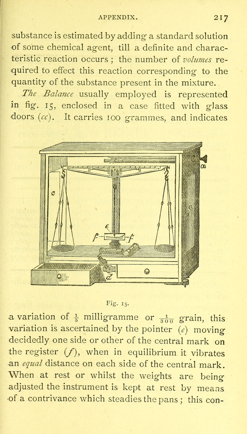 substance is estimated by adding- a standard solution of some chemical agent, till a definite and charac- teristic reaction occurs ; the number of volumes re- quired to effect this reaction corresponding to the quantity of the substance present in the mixture. The Balance usually employed is represented in fig-. 15, enclosed in a case fitted with glass doors (cc). It carries 100 grammes, and indicates Fig. is* a variation of i milligramme or —L_ grain, this variation is ascertained by the pointer (e) moving decidedly one side or other of the central mark on the register (/*), when in equilibrium it vibrates an equal distance on each side of the central mark. When at rest or whilst the weights are being adjusted the instrument is kept at rest by means •of a contrivance which steadies the pans ; this con-