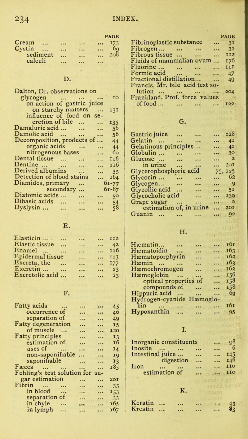 Cream Cystin sediment calculi PAGE • 173 . 69 . 2o8 D. Dalton, Dr. observations on glycogen ... ... on starchy matters ... 131 influence of food on se- cretion of bile ... — i35 Damaluric acid ... 56 Damolic acid ... 56 Decomposition, products of ... 44 organic acids ..; ... 44 nitrogenous bases 60 Dental tissue ... 116 Dentine ... 116 Derived albumins 35 Detection of blood stains ... 164 Diamides, primary 61-77 secondary ... 61-87 Diatomic acids ... 50 Dibasic acids 54 Dyslysin ... 58 E. Elasticin... ... 112 Elastic tissue ... 42 Enamel ... 116 Epidermal tissue ... 113 Excreta, the ... 177 Excretin ... 23 Excretolic acid ... ... 23 F. Fatty acids 45 occurrence of 46 separation of 49 Fatty degeneration 15 of muscle 120 Fatty principles 13 estimation of 16 uses of 14 non-saponifiable 19 saponifiable 13 Fasces 185 Fehling’s test solution for su- gar estimation 201 Fibrin 33 in blood 153 separation of 33 in chyle 165 in lymph 167 PAGE Fibrinoplastic substance ... 31 Fibrogen 31 Fibrous tissue 112 Fluids of mammalian ovum ... 176 Fluorine in Formic acid ... _ 47 Fractional distillation 49 Francis, Mr. bile acid test so- lution 204 Frankland, Prof, force values of food 122 G. Gastric juice Gelatin Gelatinous principles ... Globulin Glucose in urine Glycerophosphoric acid Glycocin ... Glycogen Glycollic acid Glycocholic acid Grape sugar ... estimation of, in urine Guanin ... 128 ... 41 ... 41 ... 30 2 ... 201 75, 125 ... 62 ... 9 ... 51 ... 139 ... 2 ... 201 ... 92 H. Haematin Haematoidin Haematoporphyrin Hasmin Hasmochromogen Haemoglobin optical properties of compounds of Hippuric acid Hydrogen-cyanide Haemoglo- bin ... Hypoxanthin 161 163 162 163 162 156 158 158 69 161 95 I. Inorganic constituents ... 98 Inosite 6 Intestinal juice ... 145 digestion ... 146 Iron ... no estimation of ... no K. Keratin ••• 43 Kreatin ... 83