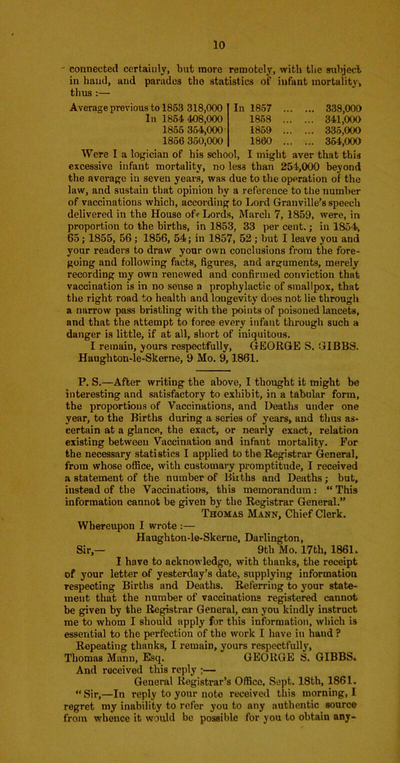 connected certainly, but more remotely, with the subject in baud, and parados the statistics of infant mortality, thus:— Average previous to 1863 318,000 In 1857 338,000 In 1864.408,000 1868 34.1,000 1856 354,000 1859 335,000 1856 360,000 1860 354,000 Were I a logician of his school, I might aver that this excessive infant mortality, no less than 254,000 beyond the average in seven years, was due to the operation of the law, and sustain that opinion by a reference to the number of vaccinations which, according to Lord Granville’s speech delivered in the House of< Lords, March 7, 1859, were, in proportion to the births, in 1853, 33 per cent.; in 1854, 65; 1855, 56; 1856, 54; in 1857, 52; but I leave you and your readers to draw your own conclusions from the fore- going and following facts, figures, and arguments, merely recording my own renewed and confirmed conviction that vaccination is in no sense a prophylactic of smallpox, that the right road to health and longevity does not lie through a narrow pass bristling with the points of poisoned lancets, and that the attempt to force every infant through such a danger is little, if at all, short of iniquitous. I remain, yours respectfully, GEORGE S. GIBBS. Hanghton-le-Skerne, 9 Mo. 9,1861. P. S.—After writing the above, I thought it might be interesting and satisfactory to exhibit, in a tabular form, the proportions of Vaccinations, and Deaths under one year, to the Births during a series of years, and thus as- certain at a glance, the exact, or nearly exact, relation existing between Vaccination and infant mortality. For the necessary statistics I applied to tlie Registrar General, from whose office, with customary promptitude, I received a statement of the number of Biiths and Deaths; but, instead of the Vaccinations, this memorandum: “ This information cannot be given by the Registrar General.” Thomas Mann, Chief Clerk. Whereupon I wrote :— Haughton-le-Skerne, Darlington, Sir,— 9th Mo. 17th, 1861. I have to acknowledge, with thanks, the receipt of your letter of yesterday’s date, supplying information respecting Births and Deaths. Referring to your state- ment that the number of vaccinations registered cannot be given by the Registrar General, can you kindly instruct me to whom I should apply for this information, which is essential to the perfection of the work I have in hand ? Repeating thanks, I remain, yours respectfully, Thomas Mann, Esq. GEORGE S. GIBBS. And received this reply ;— General Registrar’s Office, Sept. 18th, 1861. “ Sir,—In reply to your note received this morning, I regret my inability to refer you to any authentic source from whence it would be possible for you to obtain any-