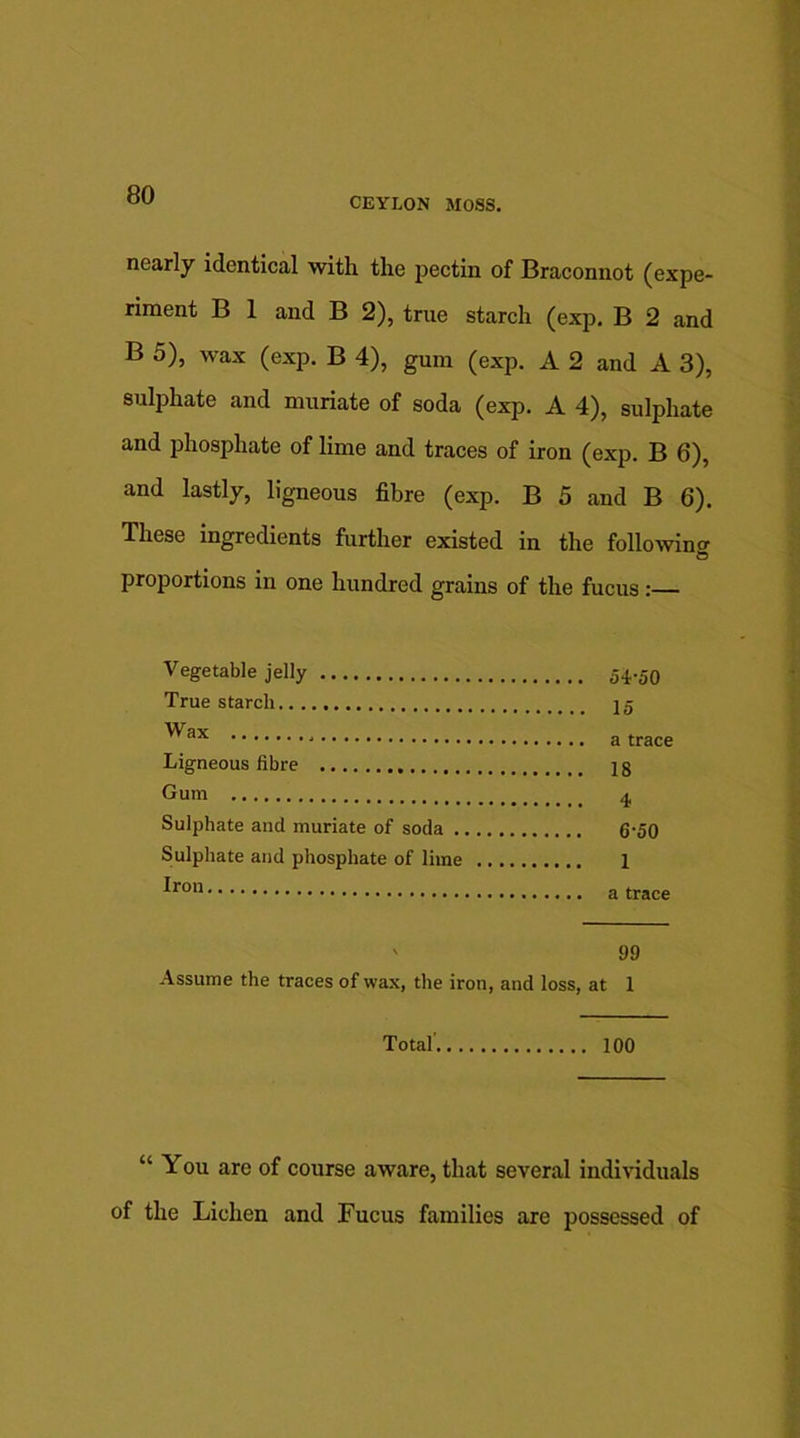 CEYLON MOSS. nearly identical with the pectin of Braconnot (expe- riment B 1 and B 2), true starch (exp. B 2 and B 5), wax (exp. B 4), gum (exp. A 2 and A 3), sulphate and muriate of soda (exp. A 4), sulphate and phosphate of lime and traces of iron (exp. B 6), and lastly, ligneous fibre (exp. B 5 and B 6). These ingredients further existed in the following proportions in one hundred grains of the fucus: Vegetable jelly True starch Wax Ligneous fibre Gum Sulphate and muriate of soda .... Sulphate and phosphate of lime Iron \ 99 Assume the traces of wax, the iron, and loss, at 1 Total “ You are of course aware, that several individuals of the Lichen and Fucus families are possessed of