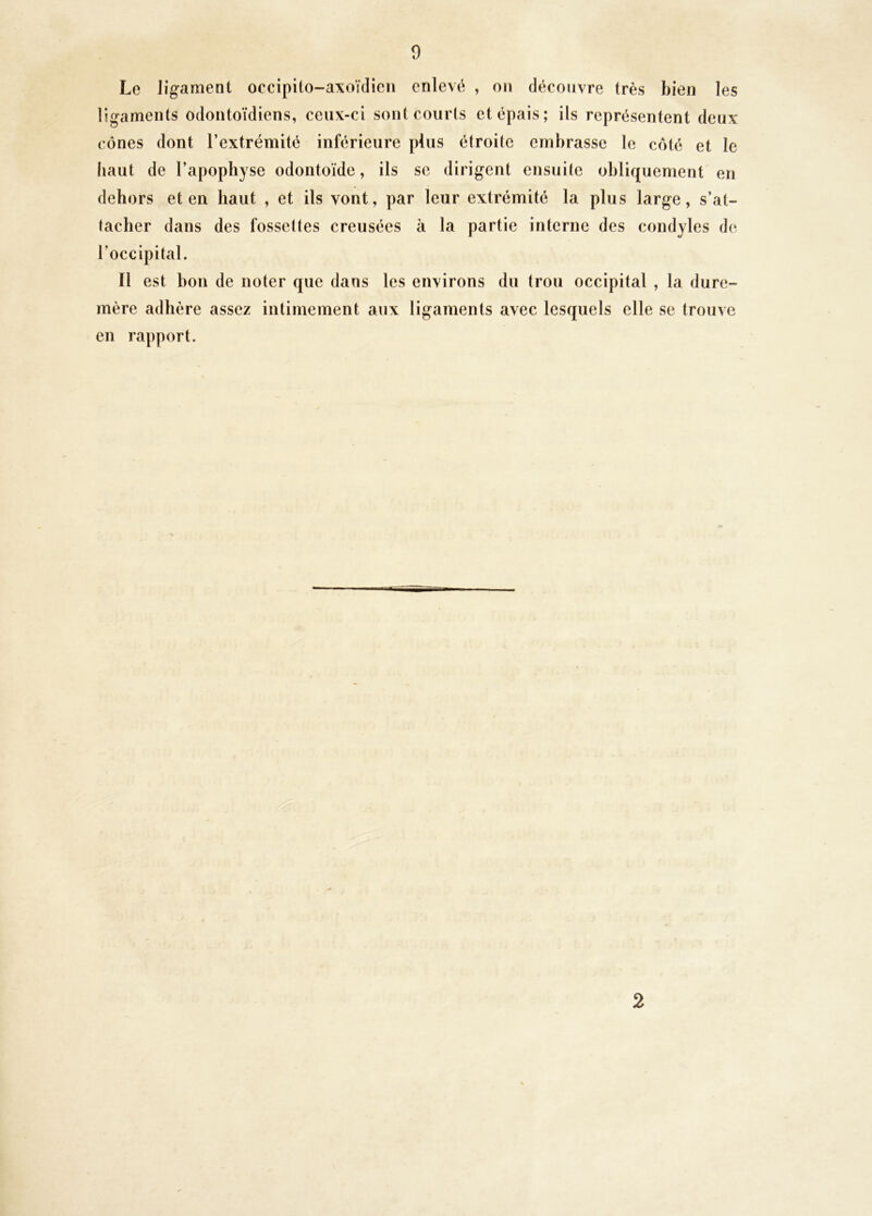 0 Le ligament occipito-axoïdien enlevé , on découvre très bien les ligaments odontoïdiens, ceux-ci sont courts et épais; ils représentent deux cônes dont l’extrémité inférieure plus étroite embrasse le côté et le liant de l’apophyse odontoïde, ils se dirigent ensuite obliquement en dehors et en haut , et ils vont, par leur extrémité la plus large, s’at- tacher dans des fossettes creusées à la partie interne des condyles de l’occipital. Il est bon de noter que dans les environs du trou occipital , la dure- mère adhère assez intimement aux ligaments avec lesquels elle se trouve en rapport. 2