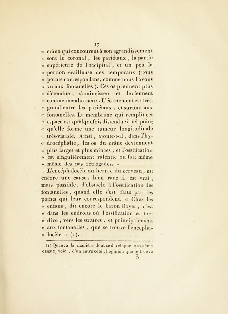 ^7 « crâne qui concourent à son agrandissement « sont le coronal , les pariétaux > la partie « supérieure de l’occipital , et un peu la « portion écailleuse des temporaux ( tous te points correspondans, comme nous l’avons « vu aux fontanelles ). Ces os prennent plus « d’étendue , s’amincissent et deviennent tf comme membraneux. L’écartement est très- tt grand entre les pariétaux , et surtout aux « fontanelles. La membrane qui remplit cet « espace est quelquefois distendue â tel point « qu’elle forme une tumeur longitudinale tf très-visible. Ainsi ^ ajoute-t-il , dans l’by- « drocéphalie, les os du crâne deviennent <c plus larges et plus minces , et l’ossification . « est singulièrement ralentie ou fait même « même des pas rétrogades. « L’encépbalocèle ou hernie du cerveau , est encore une cause, bien rare il est vrai, mais possible, d’obstacle â l’ossification des fontanelles , quand elle s’est faite par les pomis qui leur correspondent. « Chez les « enfans , dit encore le baron Boyer, c’est « dans les endroits où l’ossification est tar- ie dive , vers les sutures , et principalement « aux fontanelles , que se trouve l’encéplia- fc locèle » (i). (0 Quanta la manière dont se développe îe système osseux, voici, d’un autre côté , l’opiniou que je trouve D