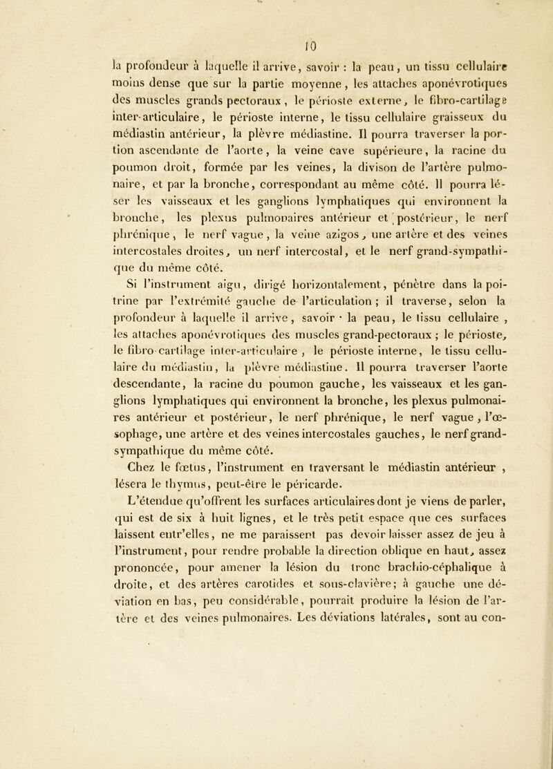 la profondeur à laquelle il arrive, savoir : la peau, un tissu cellulaire moins dense que sur la partie moyenne, les attaches aponévrotiques des muscles grands pectoraux , le périoste externe, le fibro-cartilage inter*articulaire, le périoste interne, le tissu cellulaire graisseux du médiastin antérieur, la plèvre médiastine. Il pourra traverser la por- tion ascendante de Faorte, la veine cave supérieure, la racine du poumon droit, formée par les veines, la divison de l’artère pulmo- naire, et par la bronche, correspondant au même côté. 11 pourra lé- ser les vaisseaux et les ganglions lymphatiques qui environnent la bronche, les plexus pulmonaires antérieur et [ postérieur, le nerf phrénique , le nerf vague , la veine azîgos, une artère et des veines intercostales droites, un nerf intercostal, elle nerf grand-sympathi- que du même côté. Si l’instrument aigu, dirigé horizontalement, pénètre dans la poi- trine par l’extrémité gauche de l’articulation; il traverse, selon la profondeur à laquelle il arrive, savoir • la peau, le lissu cellulaire , les attaches aponévrotiques des muscles grand-pectoraux; le périoste, le fihro cartilage inier-aî‘ticulaire , le périoste interne, le tissu cellu- laire du médiastin, la plèvre médiastine. Il pourra traverser l’aorte descendante, la racine du poumon gauche, les vaisseaux et les gan- glions lymphatiques qui environnent la bronche, les plexus pulmonai- res antérieur et postérieur, le nerf phrénique, le nerf vague , l’œ- sophage, une artère et des veines intercostales gauches, le nerf grand- sympathique du même côté. Chez le fœtus, l’instrument en traversant le médiastin antérieur , lésera le thymus, peut-être le péricarde. L’étendue qu’offrent les surfaces articulaires dont je viens de parler, qui est de six à huit lignes, et le très petit espace que ces surfaces laissent entr’elles, ne me paraissent pas devoir laisser assez de jeu à l’instrument, pour rendre probable la direction oblique en haut, assez prononcée, pour amener la lésion du tronc brachio-céphalique à droite, et des artères carotides et sous-clavière; à gauche une dé- viation en bas, peu considérable, pourrait produire la lésion de l’ar- tère et des veines pulmonaires. Les déviations latérales, sont au con-