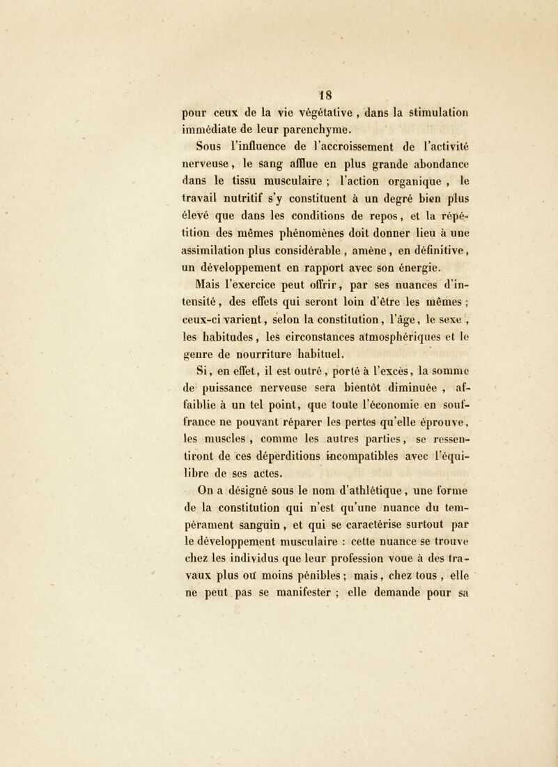 pour ceux de la vie végétative , dans la stimulation immédiate de leur parenchyme. Sous l’influence de l’accroissement de l’activité nerveuse, le sang afflue en plus grande abondance dans le tissu musculaire ; l’action organique , le travail nutritif s’y constituent à un degré bien plus élevé que dans les conditions de repos, et la répé- tition des mêmes phénomènes doit donner lieu à une assimilation plus considérable , amène , en définitive, un développement en rapport avec son énergie. Mais l’exercice peut offrir, par ses nuances d’in- tensité , des effets qui seront loin d’être les mêmes ; ceux-ci varient, selon la constitution, l’âge, le sexe , les habitudes, les circonstances atmosphériques et le genre de nourriture habituel. Si, en effet, il est outré, porté à l’excès, la somme de puissance nerveuse sera bientôt diminuée , af- faiblie à un tel point, que toute l’économie en souf- france ne pouvant réparer les pertes qu’elle éprouve, les muscles , comme les .autres parties, se ressen- tiront de ces déperditions incompatibles avec l’équi- libre de ses actes. On a désigné sous le nom d’athlétique, une forme de la constitution qui n’est qu’une nuance du tem- pérament sanguin, et qui se caractérise surtout par le développement musculaire : cette nuance se trouve chez les individus que leur profession voue à des tra- vaux plus oiï moins pénibles ; mais, chez tous , elle ne peut. pas se manifester ; elle demande pour sa