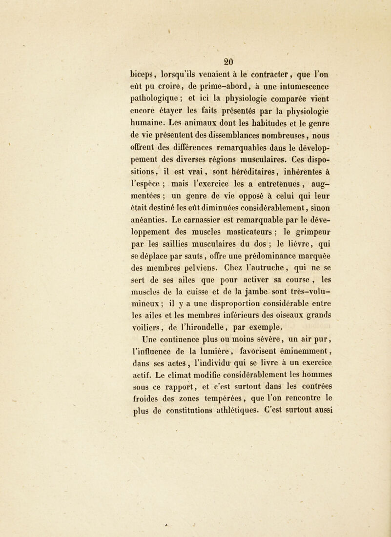 biceps, lorsqu’ils venaient à le contracter, que l’on eût pu croire, de prime-abord, à une intumescence pathologique ; et ici la physiologie comparée vient encore étayer les faits présentés par la physiologie humaine. Les animaux dont les habitudes et le genre de vie présentent des dissemblances nombreuses, nous offrent des différences remarquables dans le dévelop- pement des diverses régions musculaires. Ces dispo- sitions , il est vrai, sont héréditaires, inhérentes à l’espèce ; mais l’exercice les a entretènues , aug- mentées ; un genre de vie opposé à celui qui leur était destiné les eût diminuées considérablement, sinon anéanties. Le carnassier est remarquable par le déve- loppement des muscles masticateurs ; le grimpeur par les saillies musculaires du dos; le lièvre, qui se déplace par sauts, offre une prédominance marquée des membres pelviens. Chez l’autruche, qui ne se sert de ses ailes que pour activer sa course , les muscles de la cuisse et de la jambe^ sont très-volu- mineux ; il y a une disproportion considérable entre les ailes et les membres inférieurs des oiseaux grands voiliers, de l’hirondelle, par exemple. Une continence plus ou moins sévère, un air pur, l’influence de la lumière, favorisent éminemment, dans ses actes, l’individu' qui se livre à un exercice actif. Le climat modifie considérablement les hommes sous ce rapport, et c'est surtout dans les contrées froides des zones tempérées, que l’on rencontre le plus de constitutions athlétiques. C’est surtout aussi