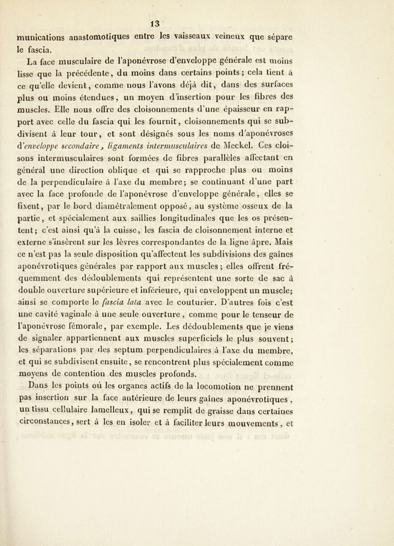 iminîcations anastomotiques entre les vaisseaux veineux que sépare le fascia. La face musculaire de l’aponévrose d’enveloppe générale est moins lisse que la précédente, du moins dans certains points; cela tient à ce qu’elle devient, comme nous l’avons déjà dit, dans des surfaces plus ou moins étendues, un moyen d’insertion pour les fibres des muscles. Elle nous offre des cloisonnements d’une épaisseur en rap- port avec celle du fascia qui les fournit, cloisonnements qui se sub- divisent à leur tour, et sont désignés sous les noms d’aponévroses à'enveloppe secondaire^ ligaments intermusculaires de Meckel. Ces cloi- sons intermusculaires sont formées de fibres parallèles affectant en général une direction oblique et qui se rapproche plus ou moins de la perpendiculaire à l’axe du membre; se continuant d’une part ' avec la face profonde de l’aponévrose d’enveloppe générale, elles se fixent, par le bord diamétralement opposé, au système osseux de la partie, et spécialement aux saillies longitudinales que les os présen- tent; c’est ainsi qu’à la cuisse, les fascia de cloisonnement interne et externe s’insèrent sur les lèvres correspondantes de la ligne âpre. Mais ce n’est pas la seule disposition qu’affectent les subdivisions des gaines aponévrotiques générales par rapport aux muscles ; elles offrent fré- quemment des dédoublements qui représentent une sorte de sac à double ouverture supérieure et inférieure, qui enveloppent un muscle; ainsi se comporte le fascia lata avec le couturier. D’autres fois c’est une cavité vaginale à une seule ouverture , comme pour le tenseur de l’aponévrose fémorale, par exemple. Les dédoublements que je viens de signaler appartiennent aux muscles superficiels le plus souvent; les séparations par des septum perpendiculaires à l’axe du membre, et qui se subdivisent ensuite, se rencontrent plus spécialement comme moyens de contention des muscles profonds. Dans les points où les organes actifs de la locomotion ne prennent pas insertion sur la face antérieure de leurs gaines aponévrotiques , un tissu cellulaire lamelleux, qui se remplit de graisse dans certaines circonstances, sert à les en isoler et à faciliter leurs mouvements, et